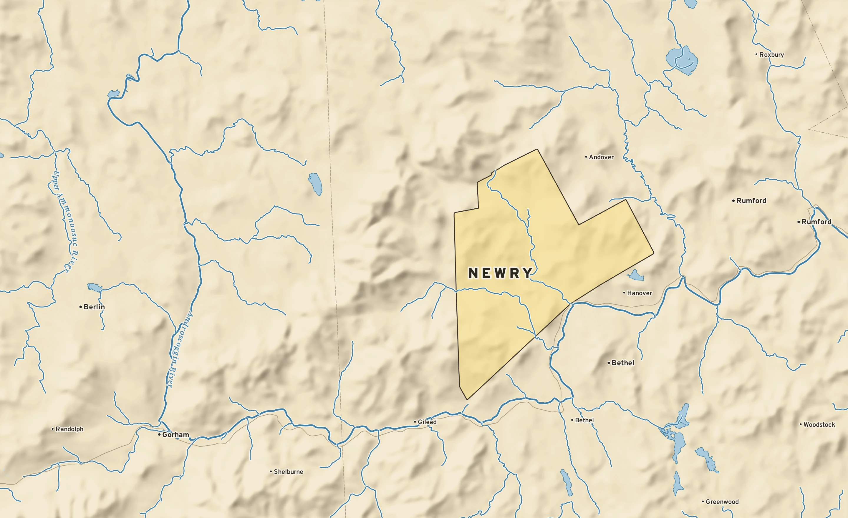 Shaded-relief atlas plate of Newry, Maine: rivers, roads, the city limits and where the water drains.