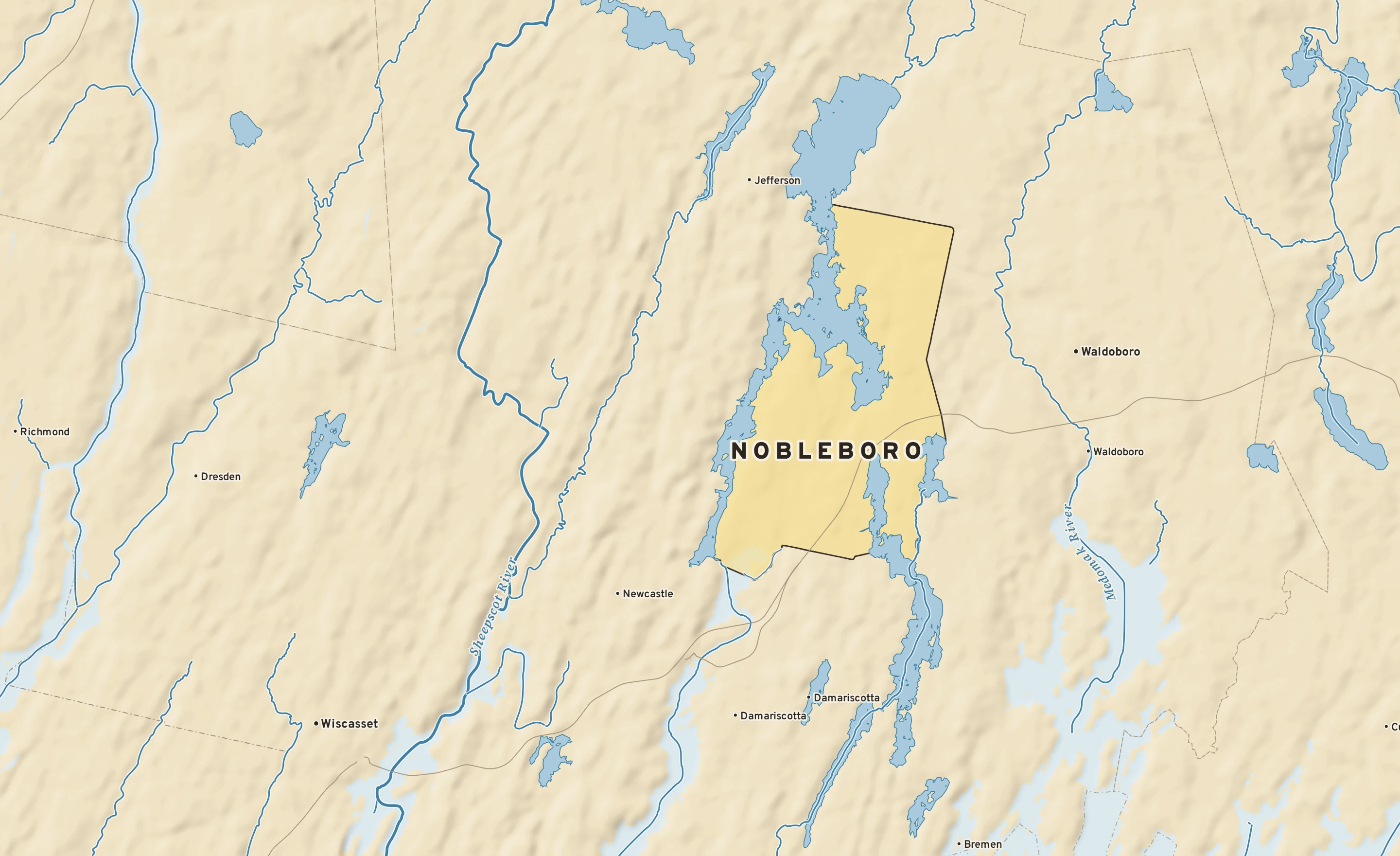 Shaded-relief atlas plate of Nobleboro, Maine: rivers, roads, the city limits and where the water drains.