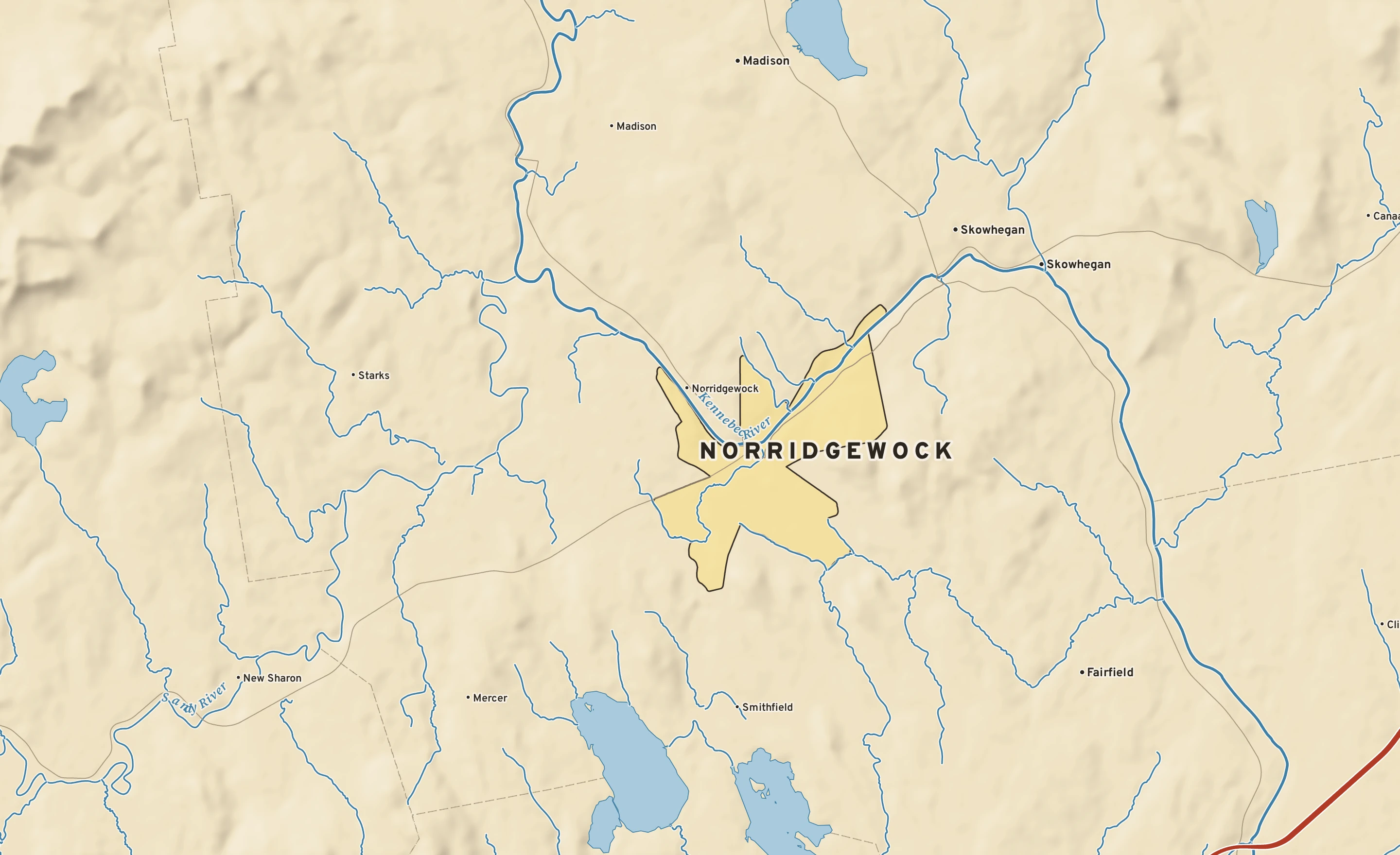 Shaded-relief atlas plate of Norridgewock, Maine: rivers, roads, the city limits and where the water drains.