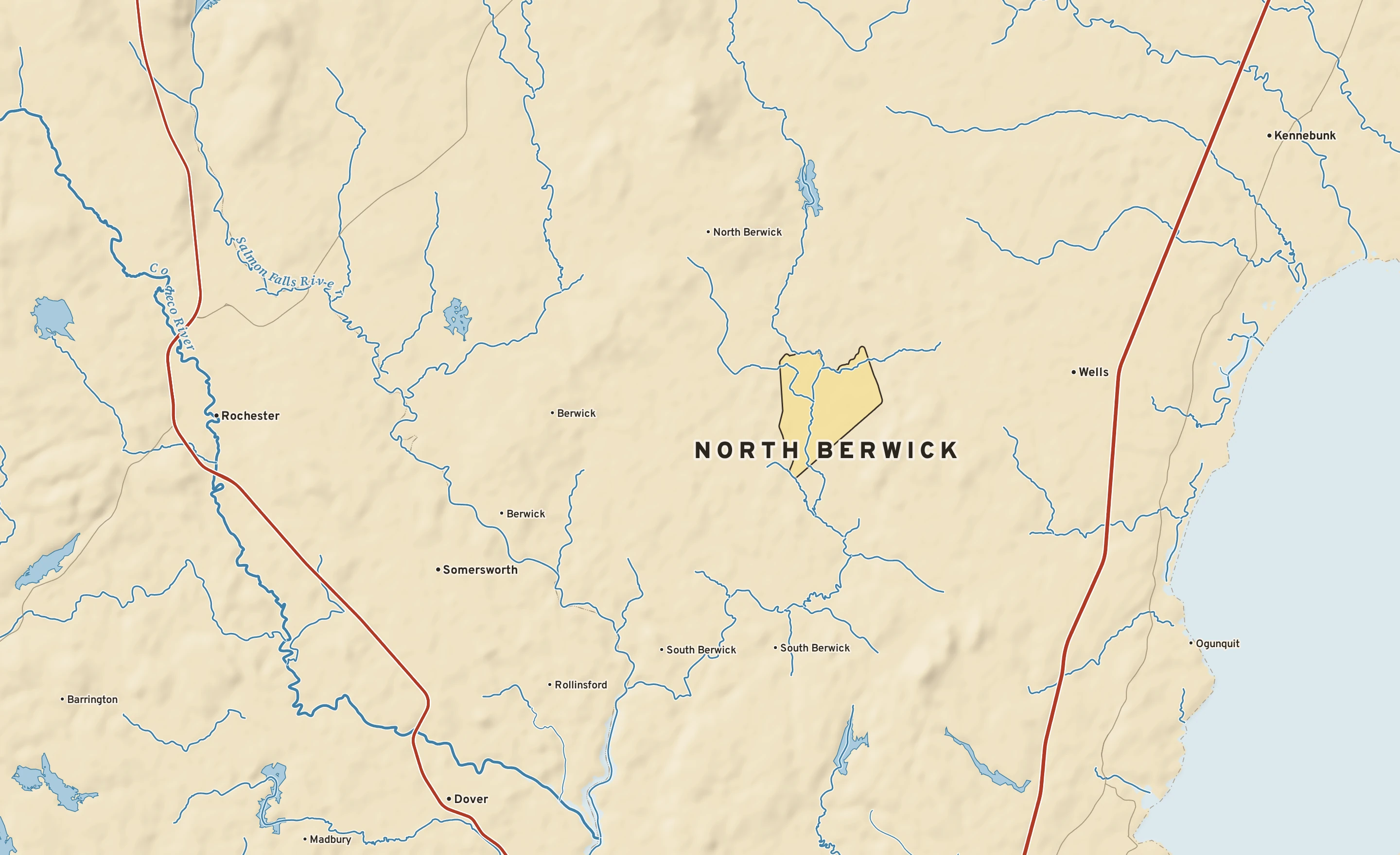 Shaded-relief atlas plate of North Berwick, Maine: rivers, roads, the city limits and where the water drains.