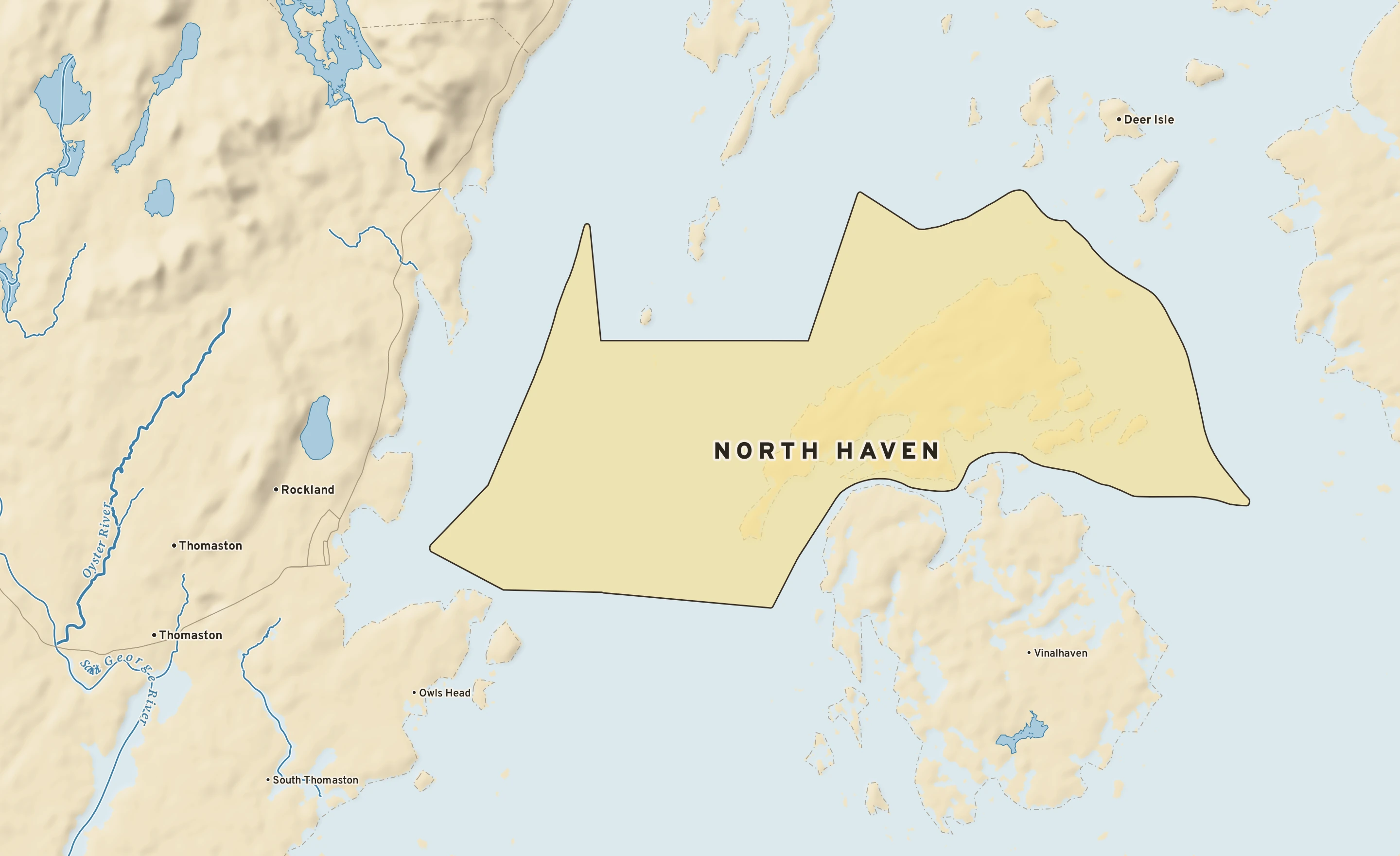 Shaded-relief atlas plate of North Haven, Maine: rivers, roads, the city limits and where the water drains.