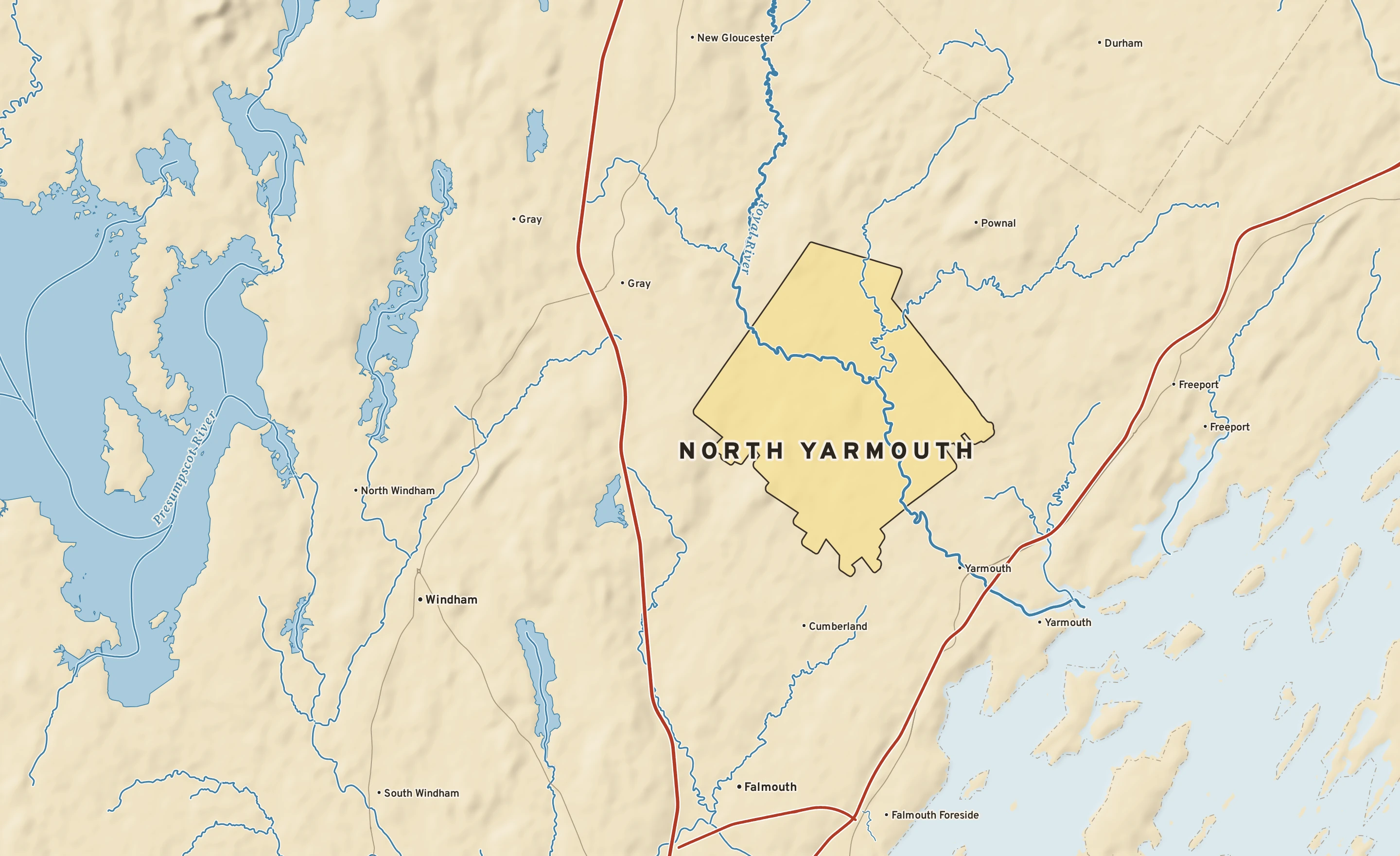 Shaded-relief atlas plate of North Yarmouth, Maine: rivers, roads, the city limits and where the water drains.
