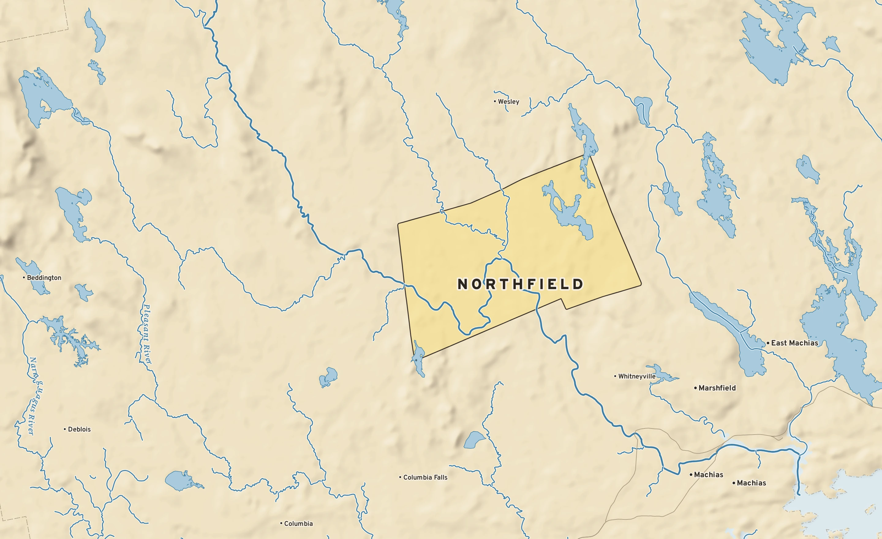 Shaded-relief atlas plate of Northfield, Maine: rivers, roads, the city limits and where the water drains.
