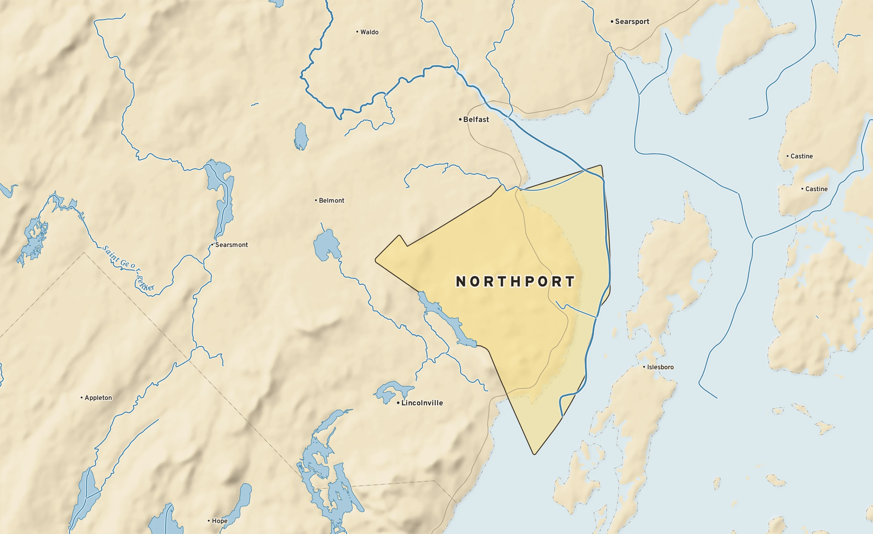 Shaded-relief atlas plate of Northport, Maine: rivers, roads, the city limits and where the water drains.