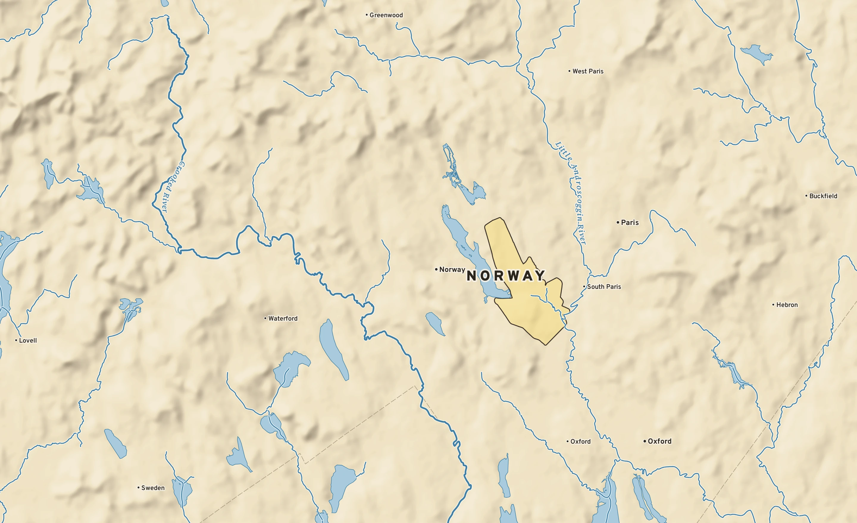 Shaded-relief atlas plate of Norway, Maine: rivers, roads, the city limits and where the water drains.