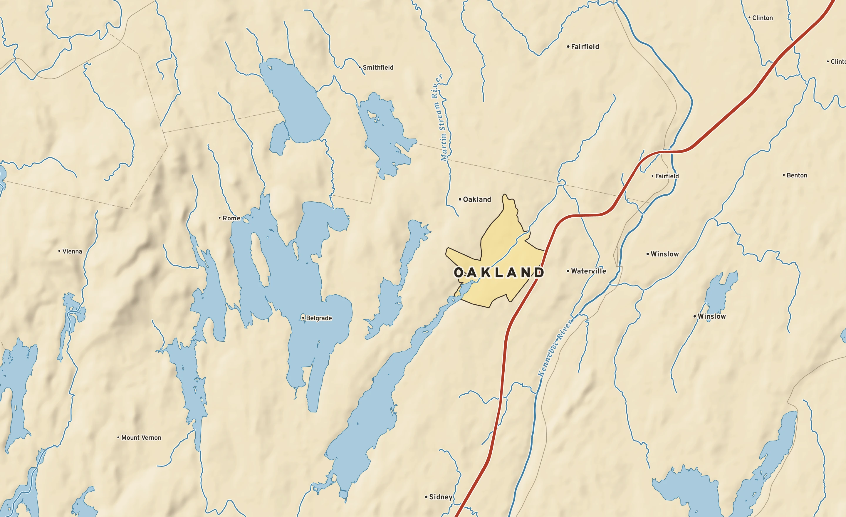 Shaded-relief atlas plate of Oakland, Maine: rivers, roads, the city limits and where the water drains.