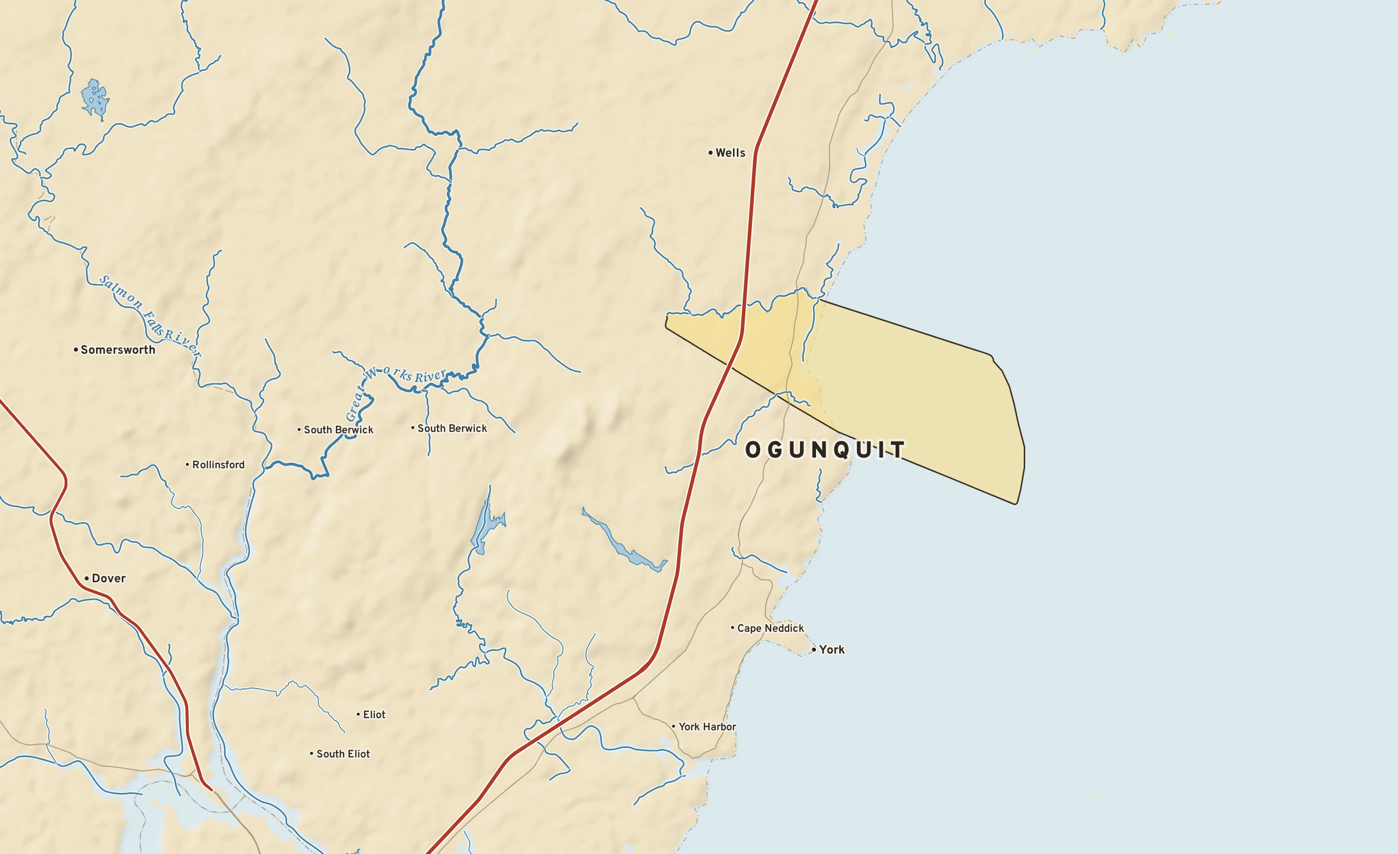 Shaded-relief atlas plate of Ogunquit, Maine: rivers, roads, the city limits and where the water drains.
