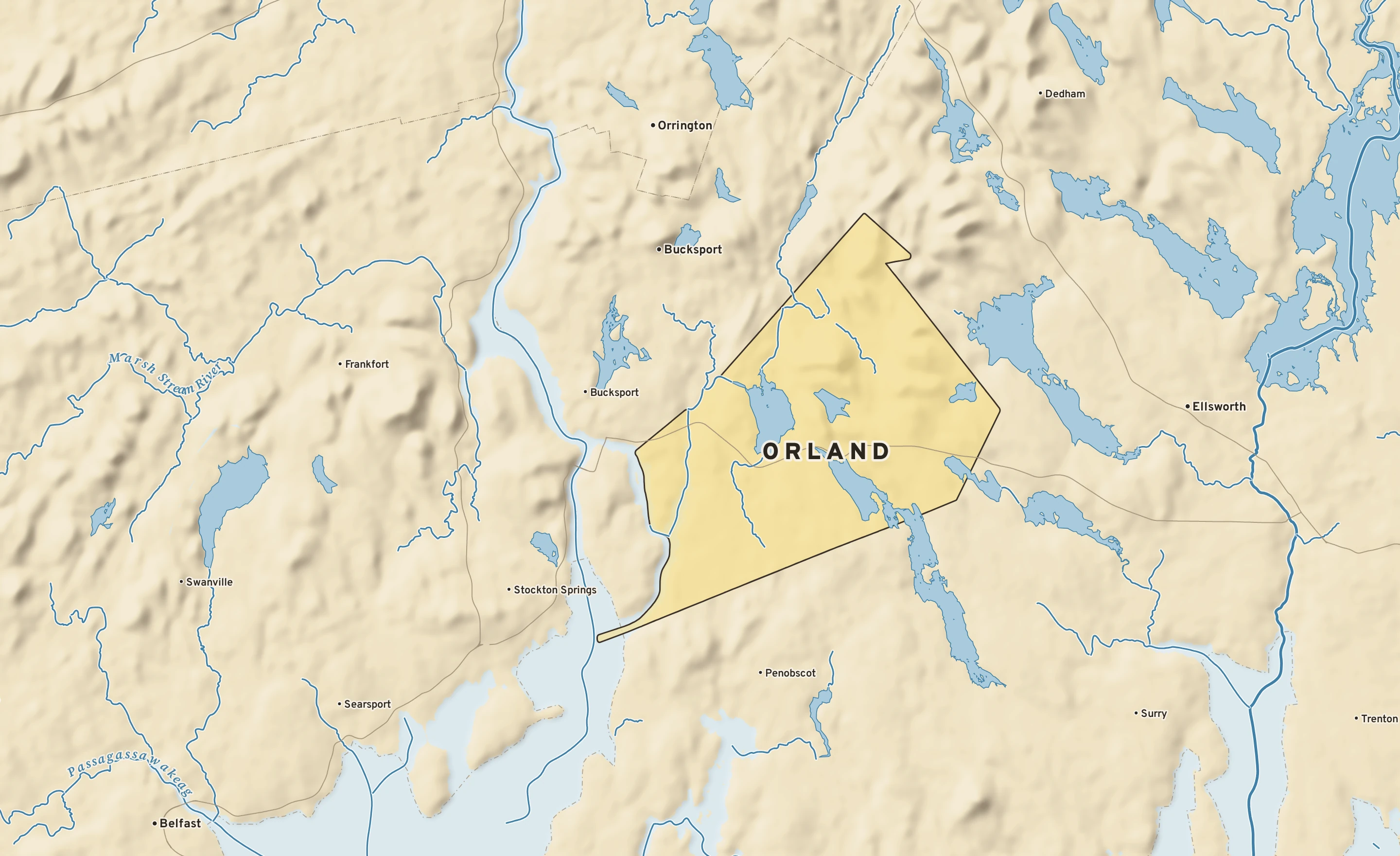 Shaded-relief atlas plate of Orland, Maine: rivers, roads, the city limits and where the water drains.