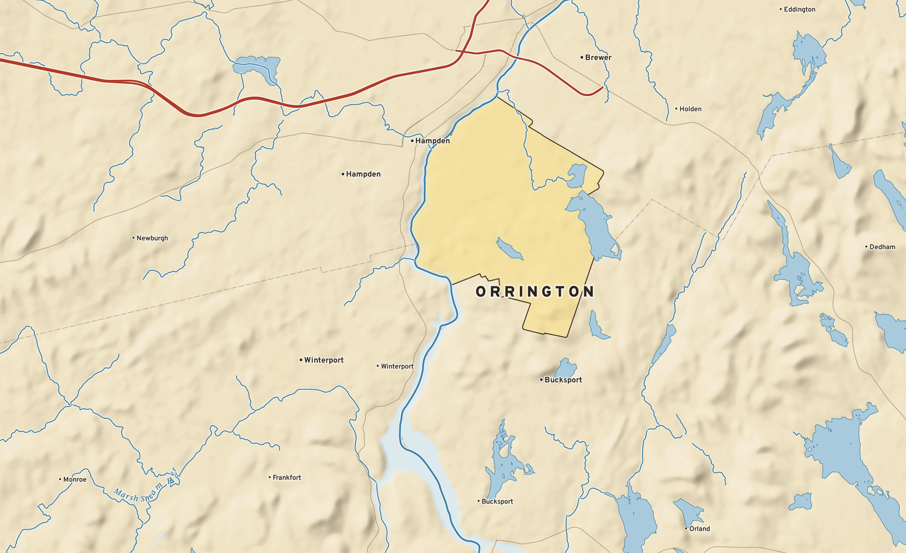 Shaded-relief atlas plate of Orrington, Maine: rivers, roads, the city limits and where the water drains.