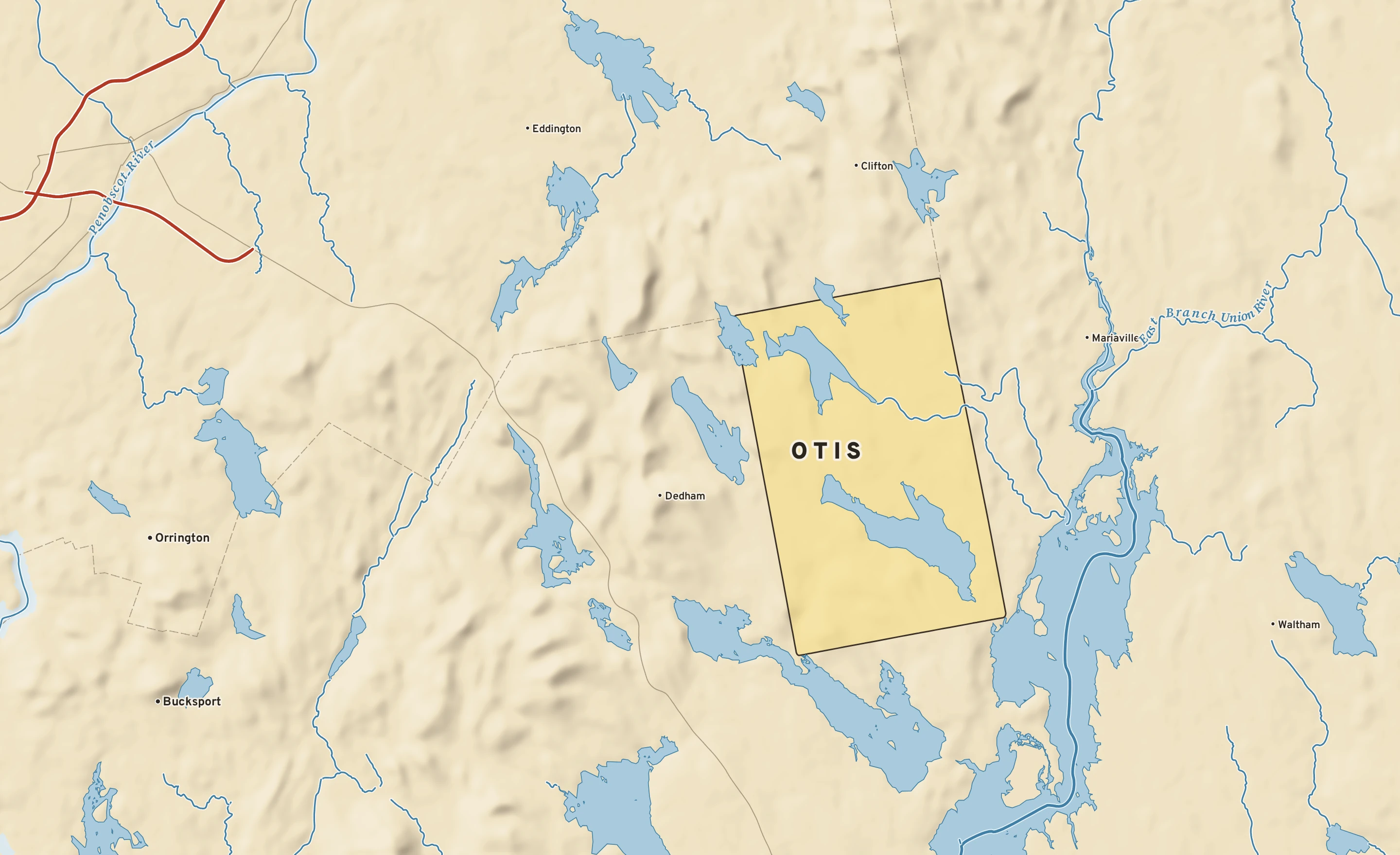 Shaded-relief atlas plate of Otis, Maine: rivers, roads, the city limits and where the water drains.