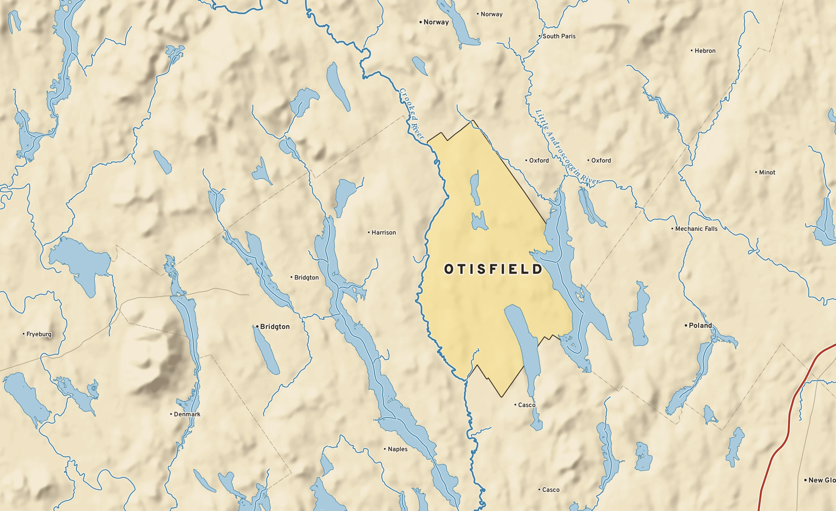 Shaded-relief atlas plate of Otisfield, Maine: rivers, roads, the city limits and where the water drains.