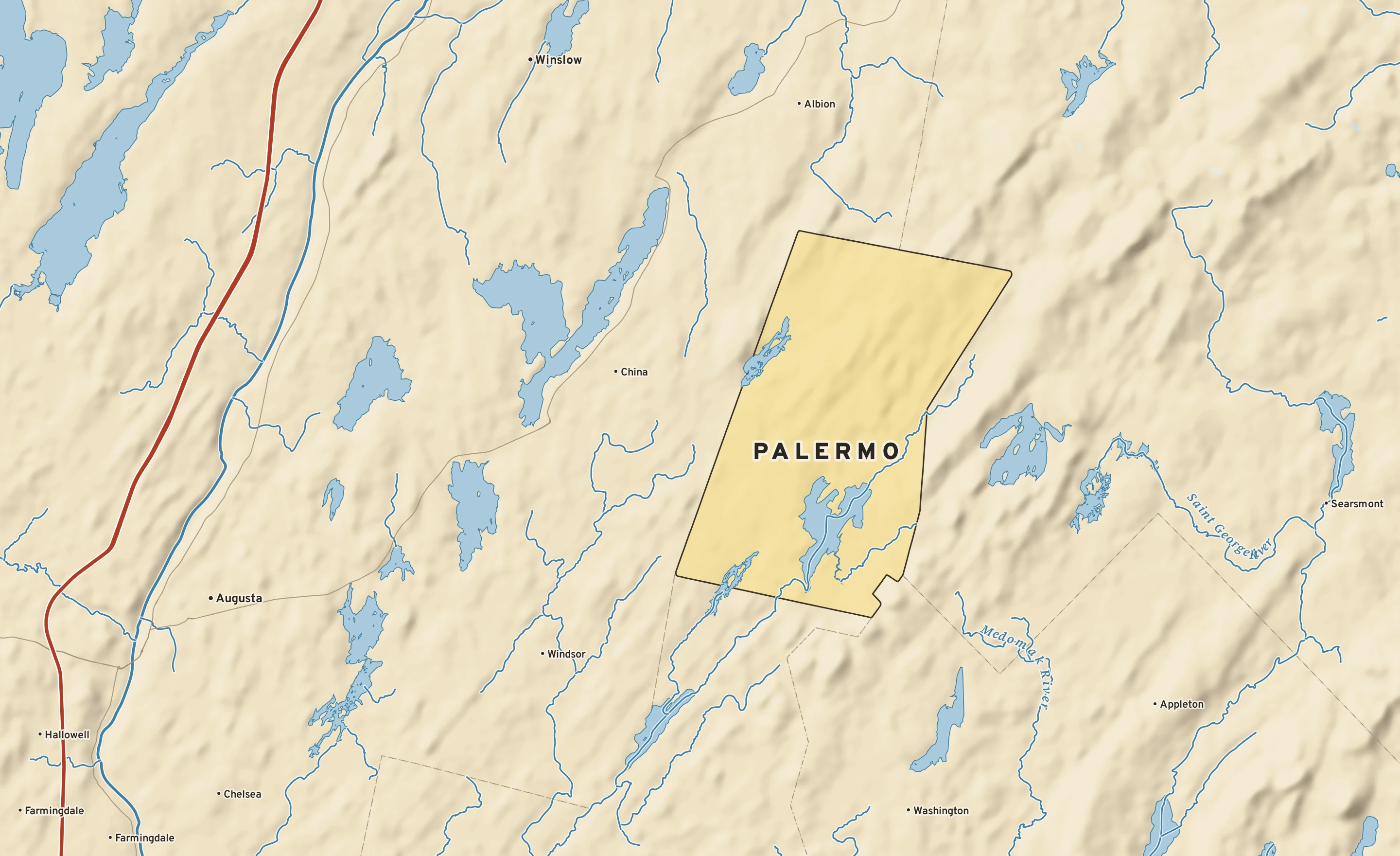 Shaded-relief atlas plate of Palermo, Maine: rivers, roads, the city limits and where the water drains.