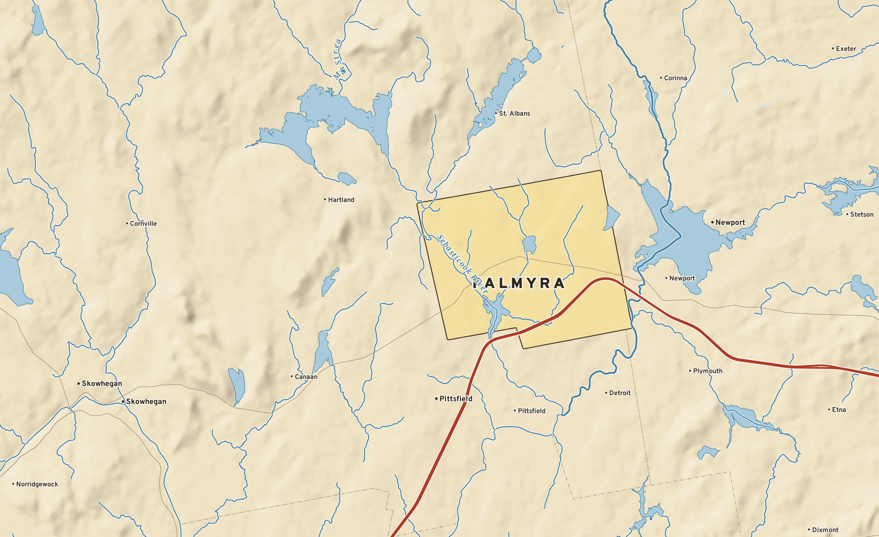 Shaded-relief atlas plate of Palmyra, Maine: rivers, roads, the city limits and where the water drains.