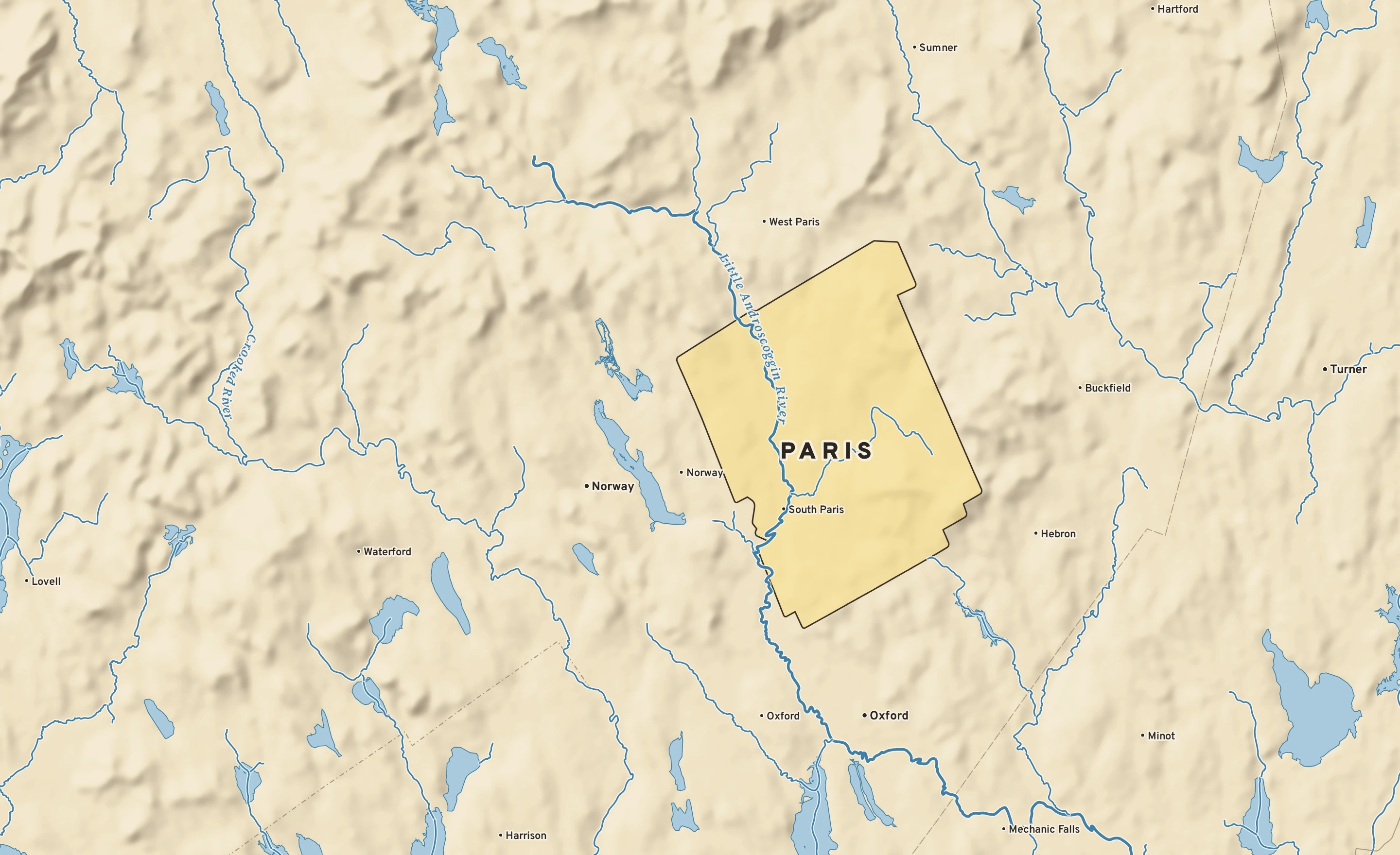Shaded-relief atlas plate of Paris, Maine: rivers, roads, the city limits and where the water drains.
