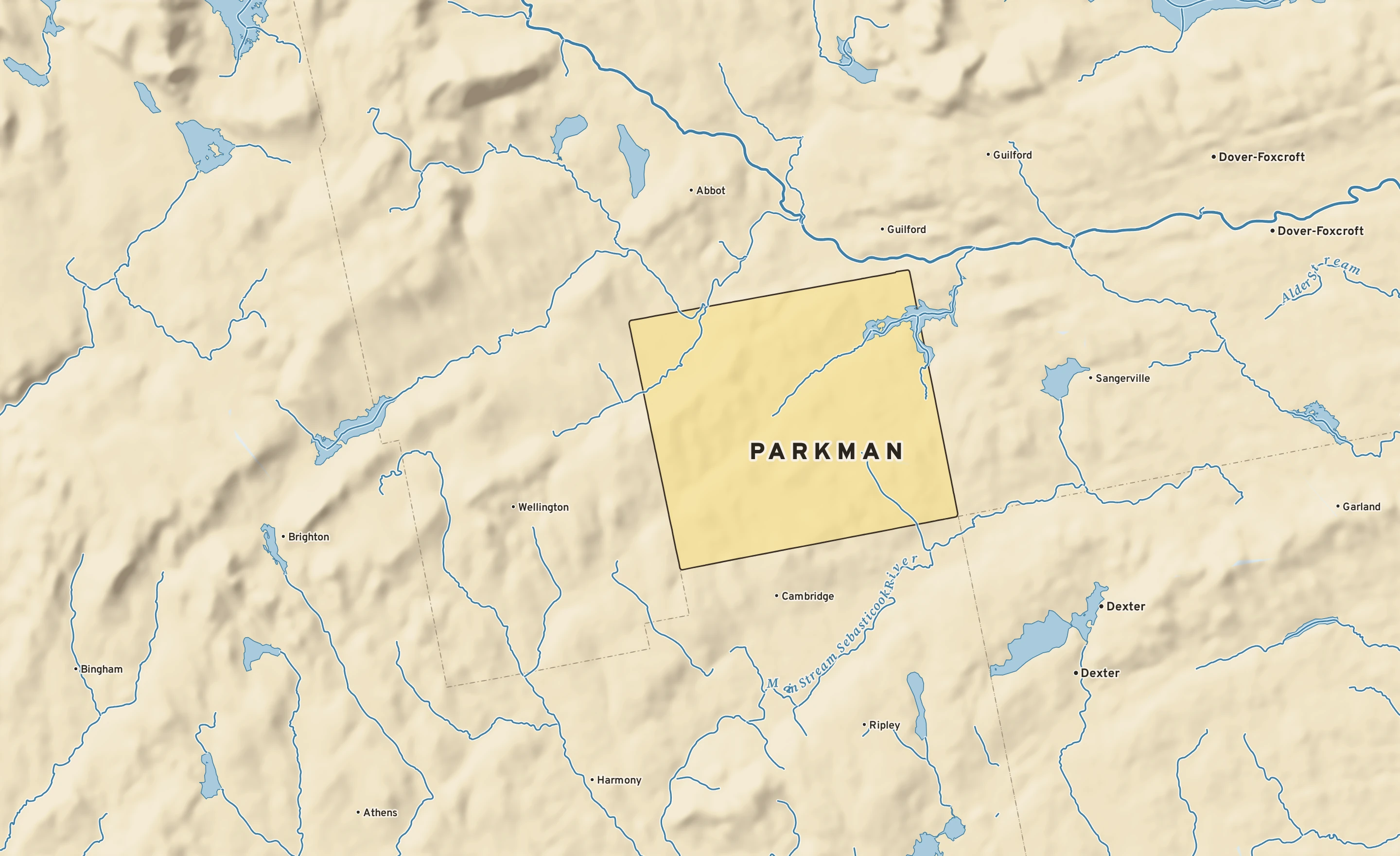 Shaded-relief atlas plate of Parkman, Maine: rivers, roads, the city limits and where the water drains.