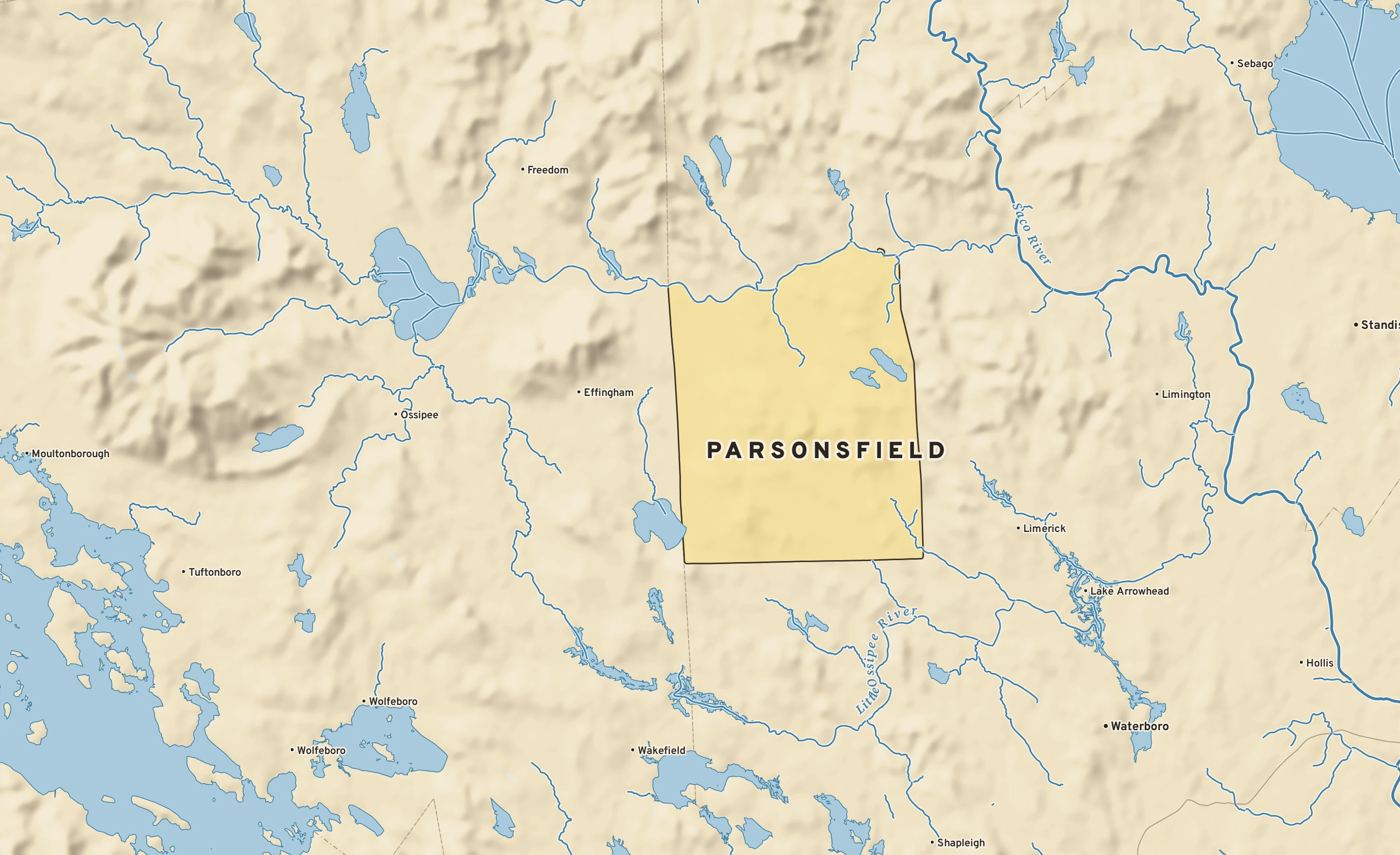 Shaded-relief atlas plate of Parsonsfield, Maine: rivers, roads, the city limits and where the water drains.