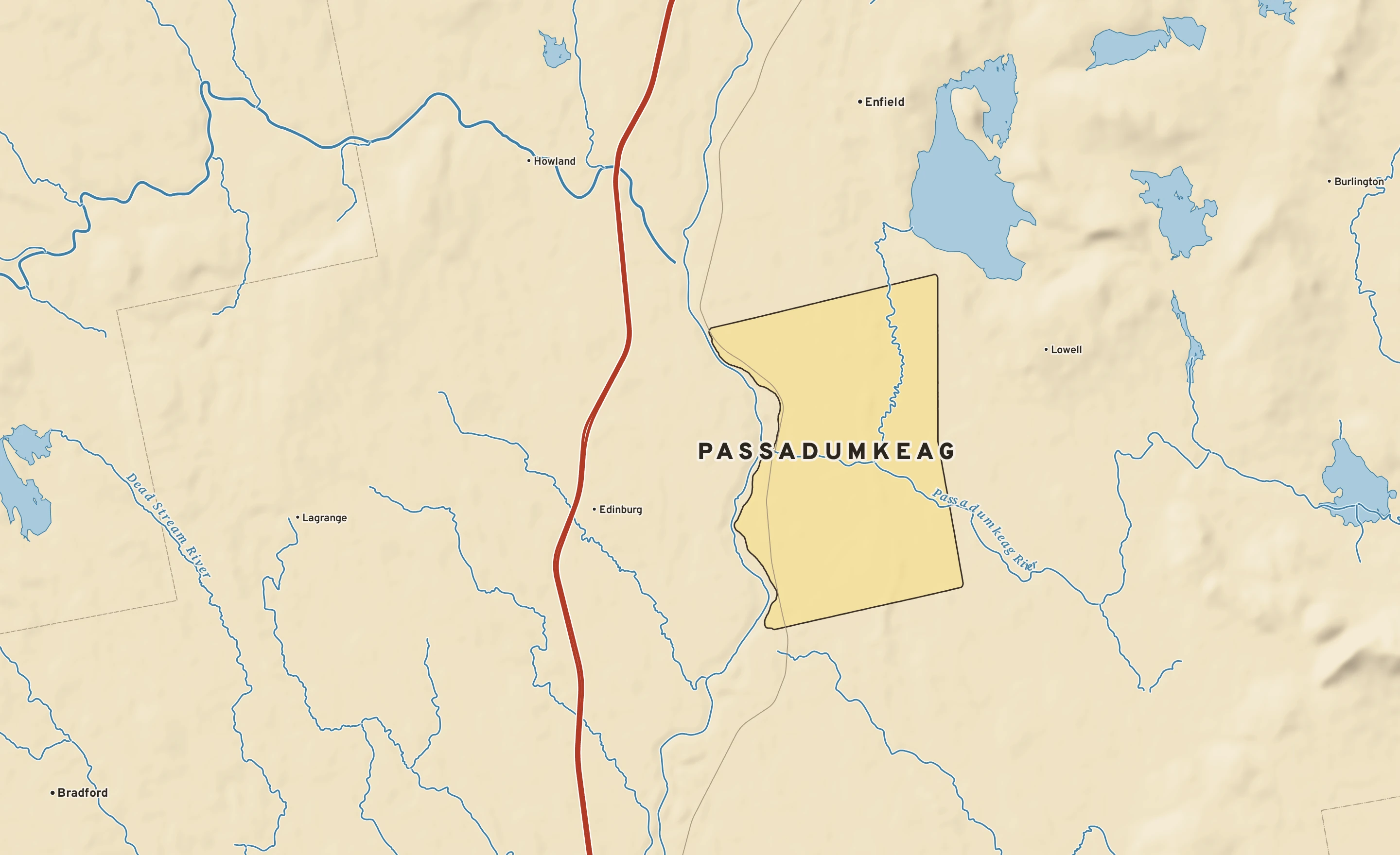 Shaded-relief atlas plate of Passadumkeag, Maine: rivers, roads, the city limits and where the water drains.