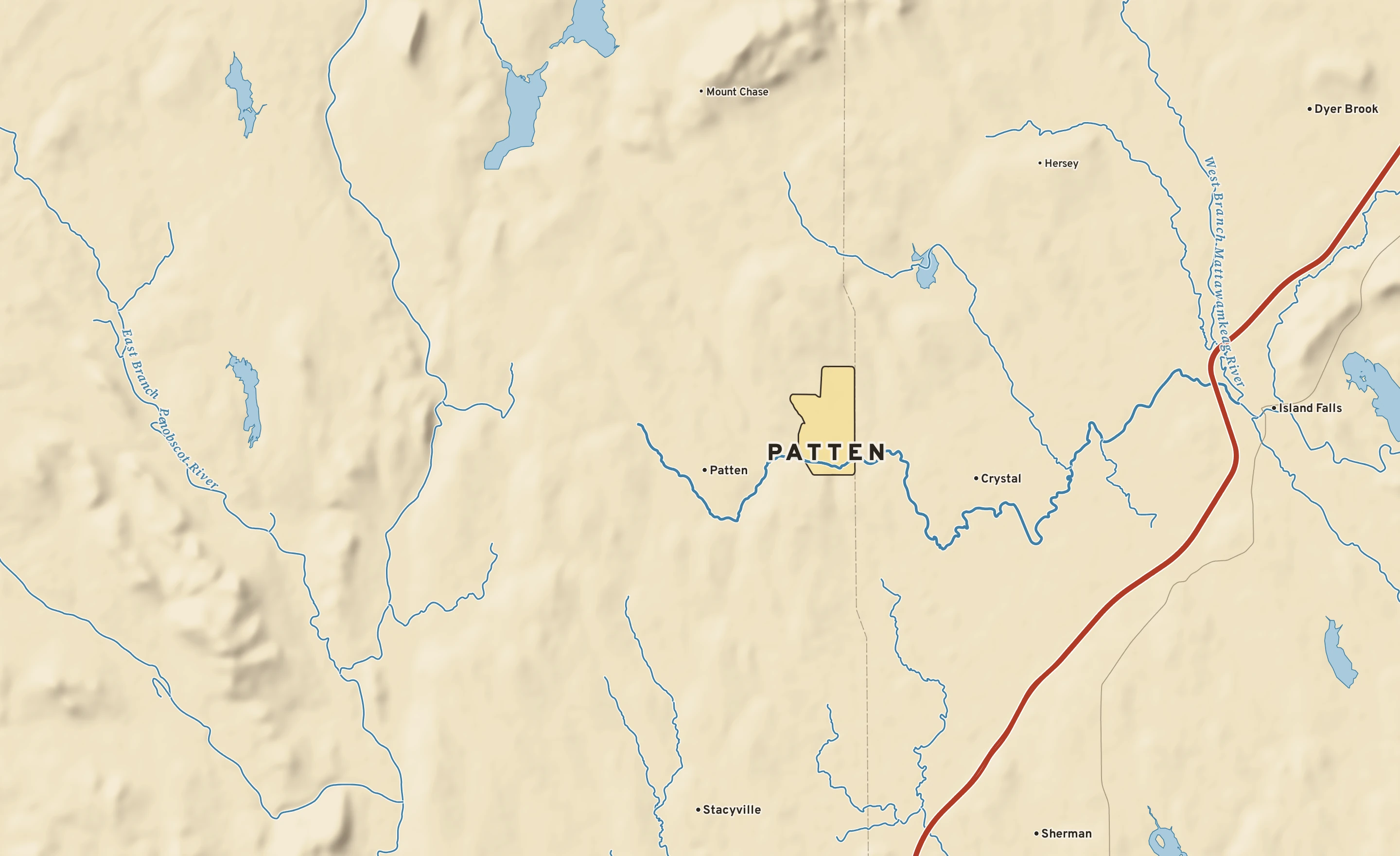 Shaded-relief atlas plate of Patten, Maine: rivers, roads, the city limits and where the water drains.