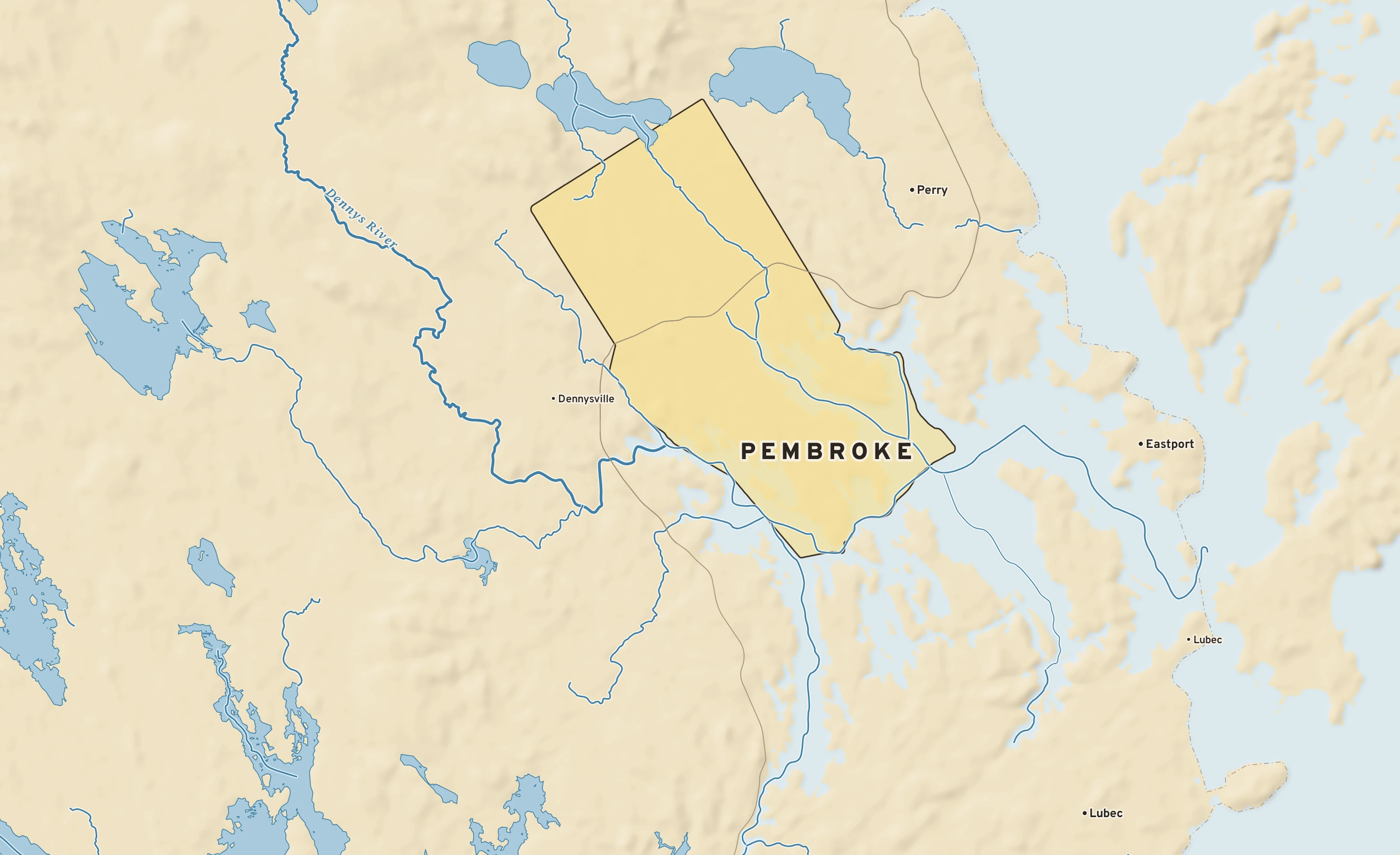 Shaded-relief atlas plate of Pembroke, Maine: rivers, roads, the city limits and where the water drains.