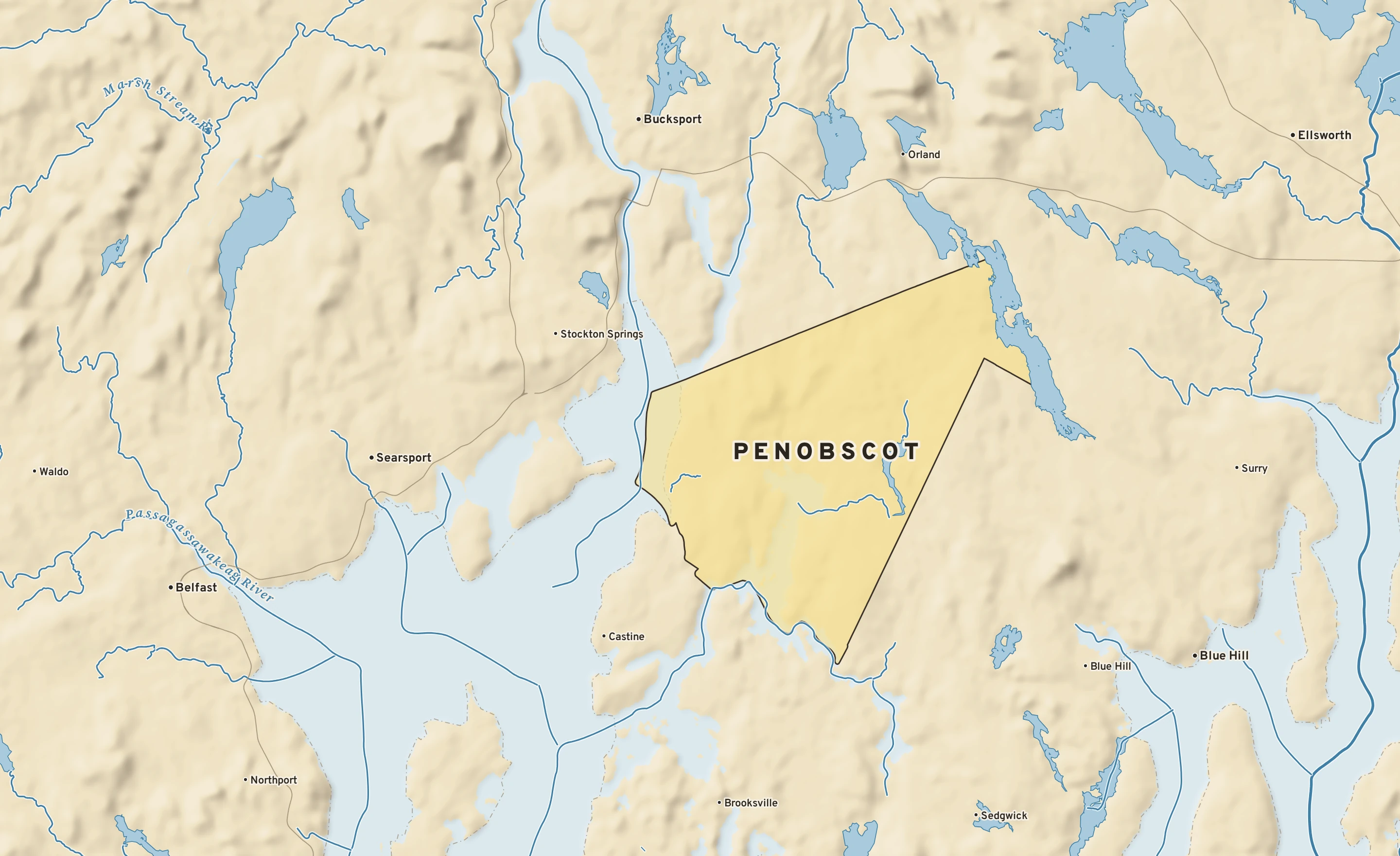 Shaded-relief atlas plate of Penobscot, Maine: rivers, roads, the city limits and where the water drains.