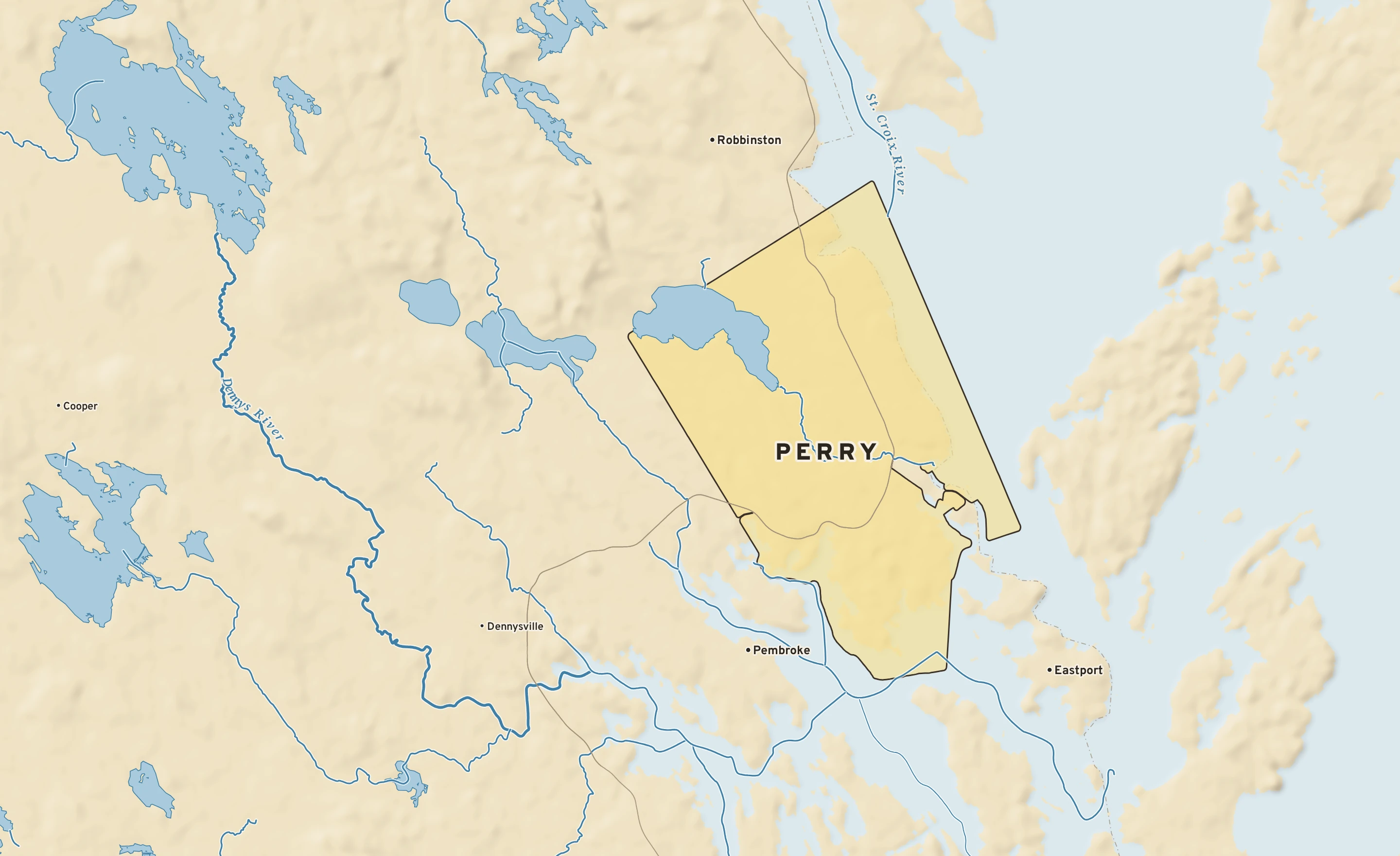 Shaded-relief atlas plate of Perry, Maine: rivers, roads, the city limits and where the water drains.