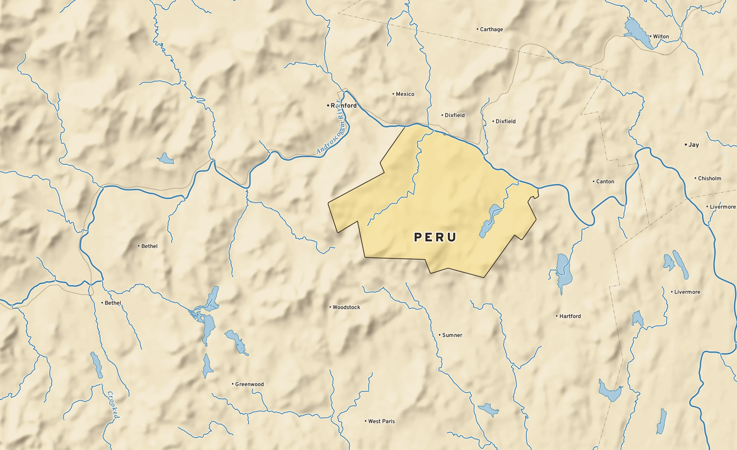 Shaded-relief atlas plate of Peru, Maine: rivers, roads, the city limits and where the water drains.