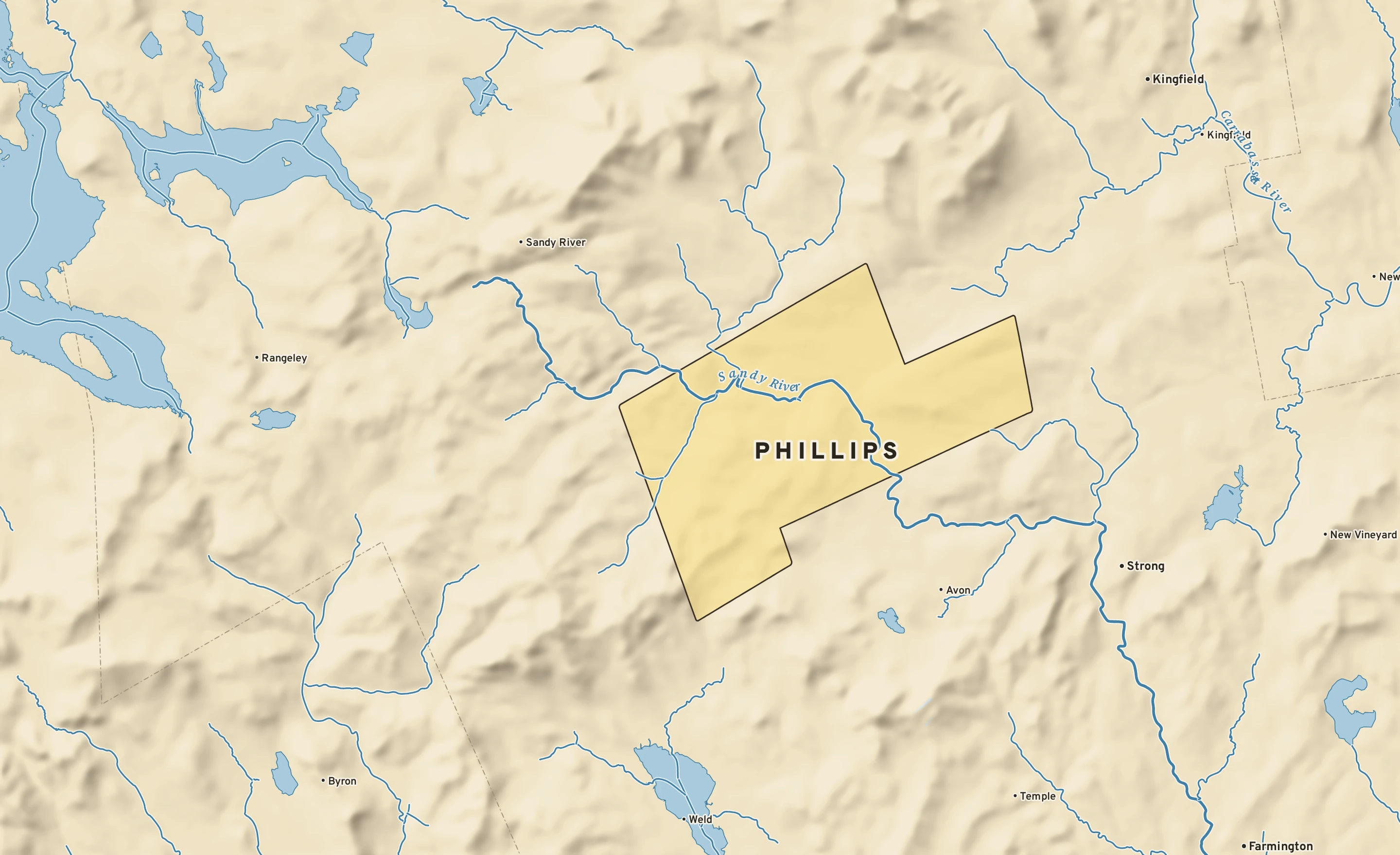 Shaded-relief atlas plate of Phillips, Maine: rivers, roads, the city limits and where the water drains.