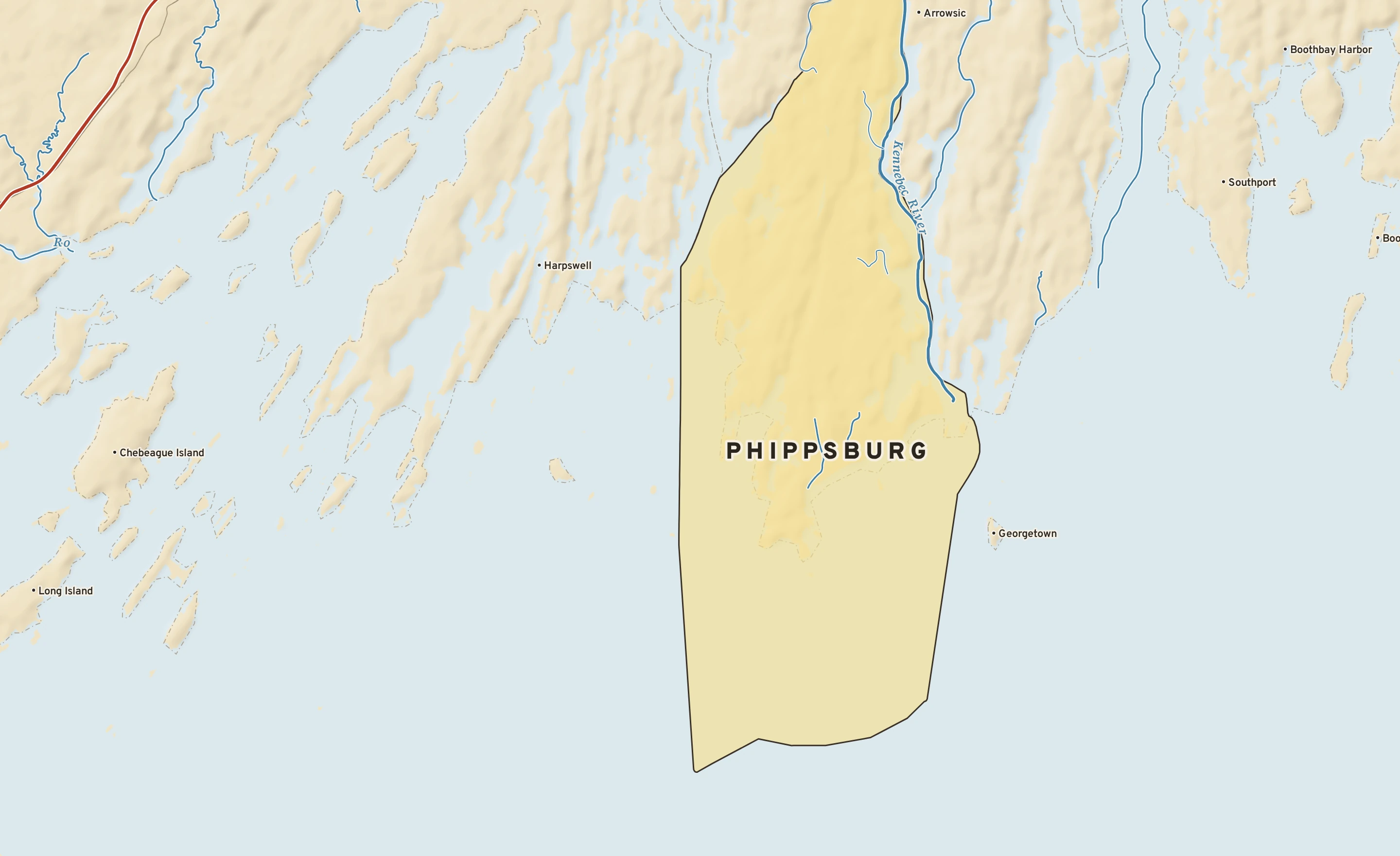 Shaded-relief atlas plate of Phippsburg, Maine: rivers, roads, the city limits and where the water drains.