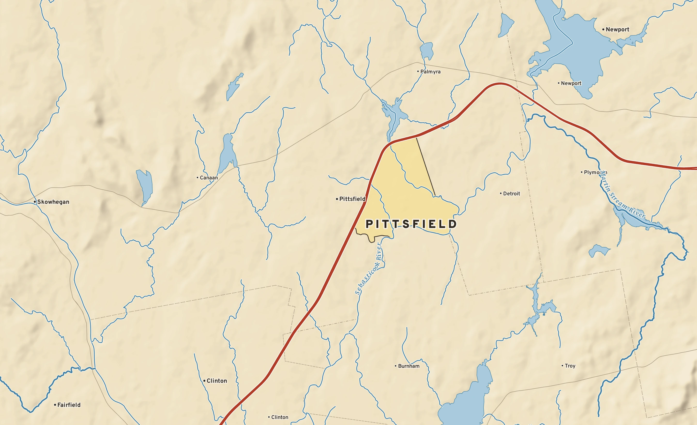 Shaded-relief atlas plate of Pittsfield, Maine: rivers, roads, the city limits and where the water drains.
