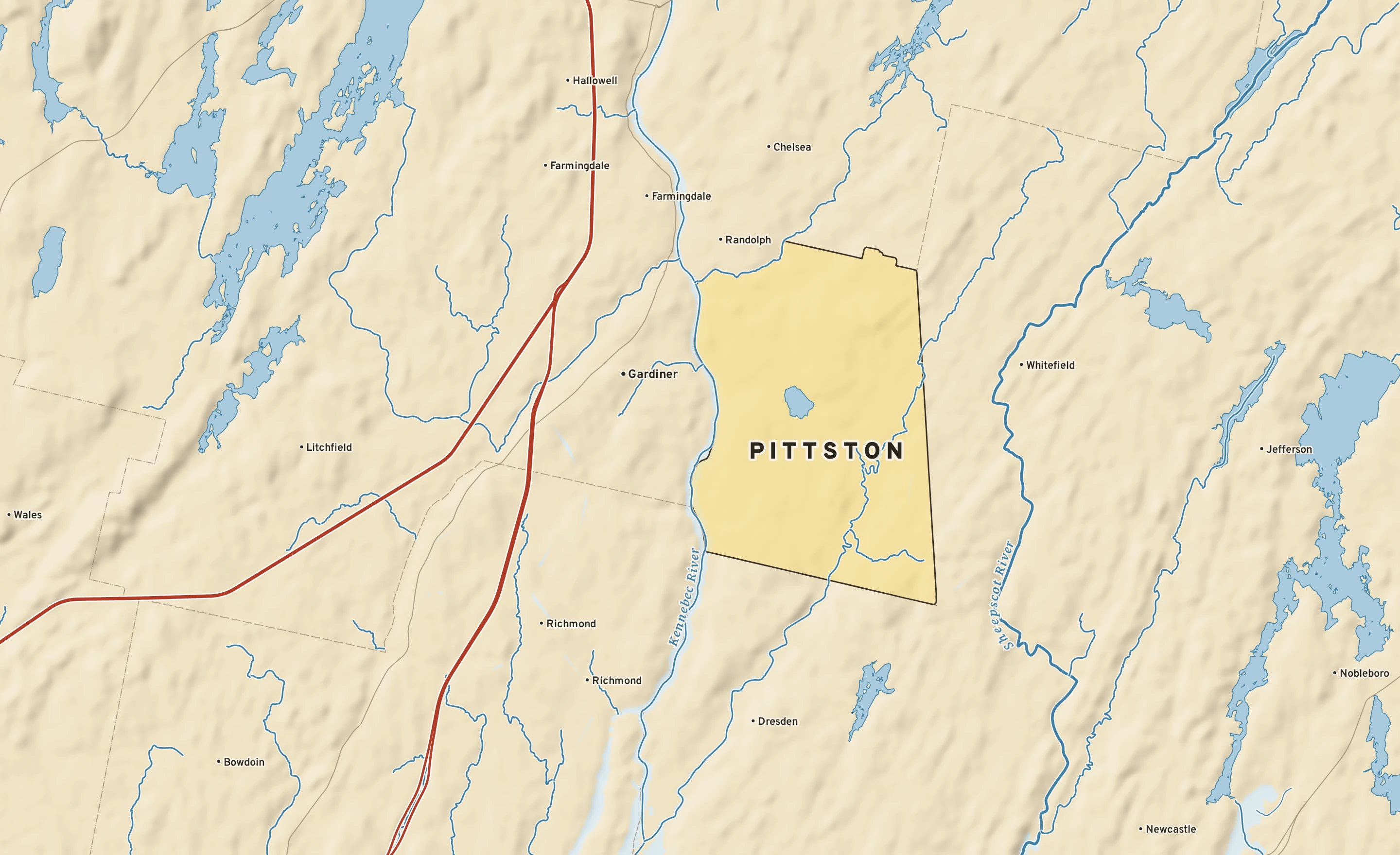 Shaded-relief atlas plate of Pittston, Maine: rivers, roads, the city limits and where the water drains.