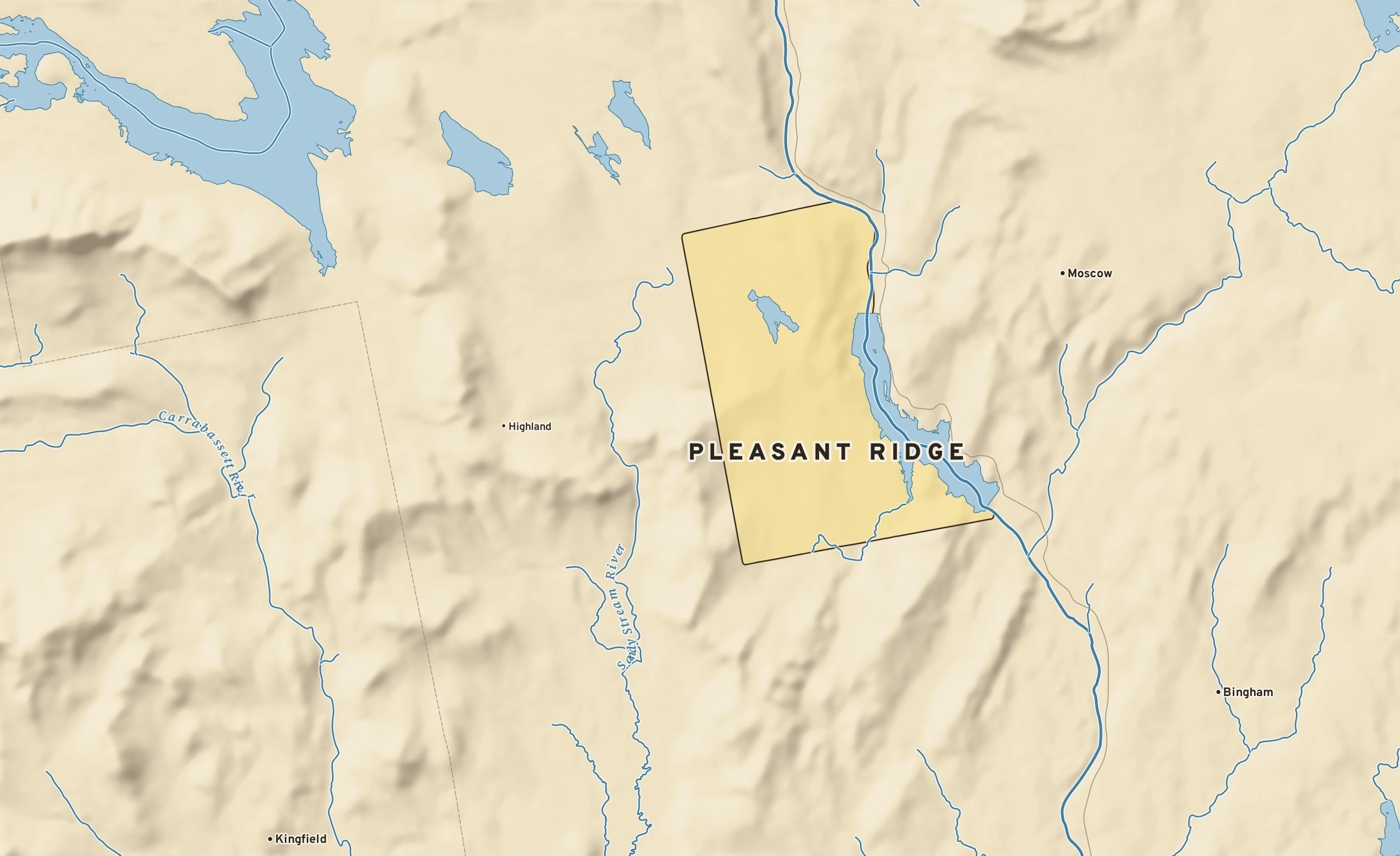 Shaded-relief atlas plate of Pleasant Ridge, Maine: rivers, roads, the city limits and where the water drains.
