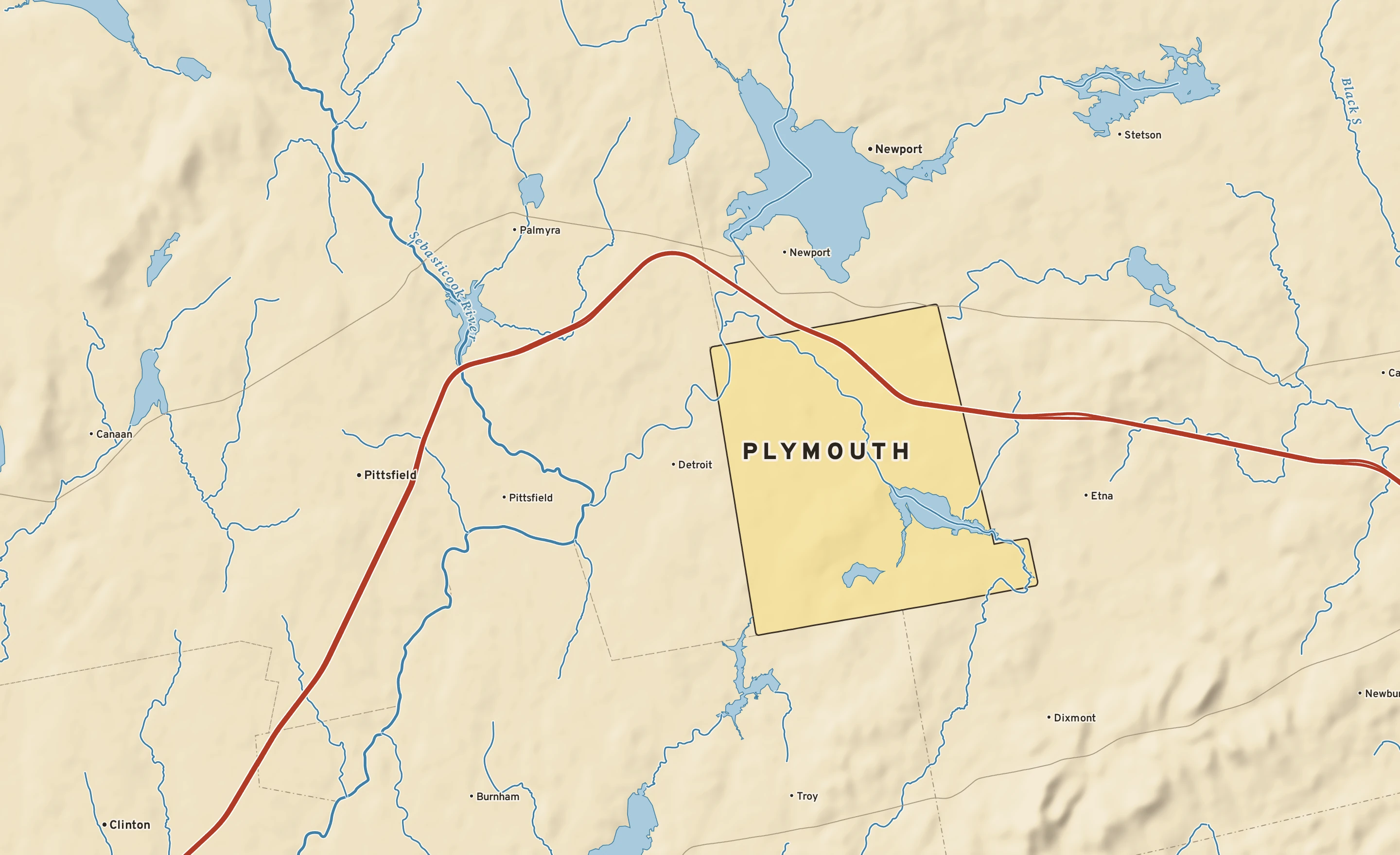 Shaded-relief atlas plate of Plymouth, Maine: rivers, roads, the city limits and where the water drains.