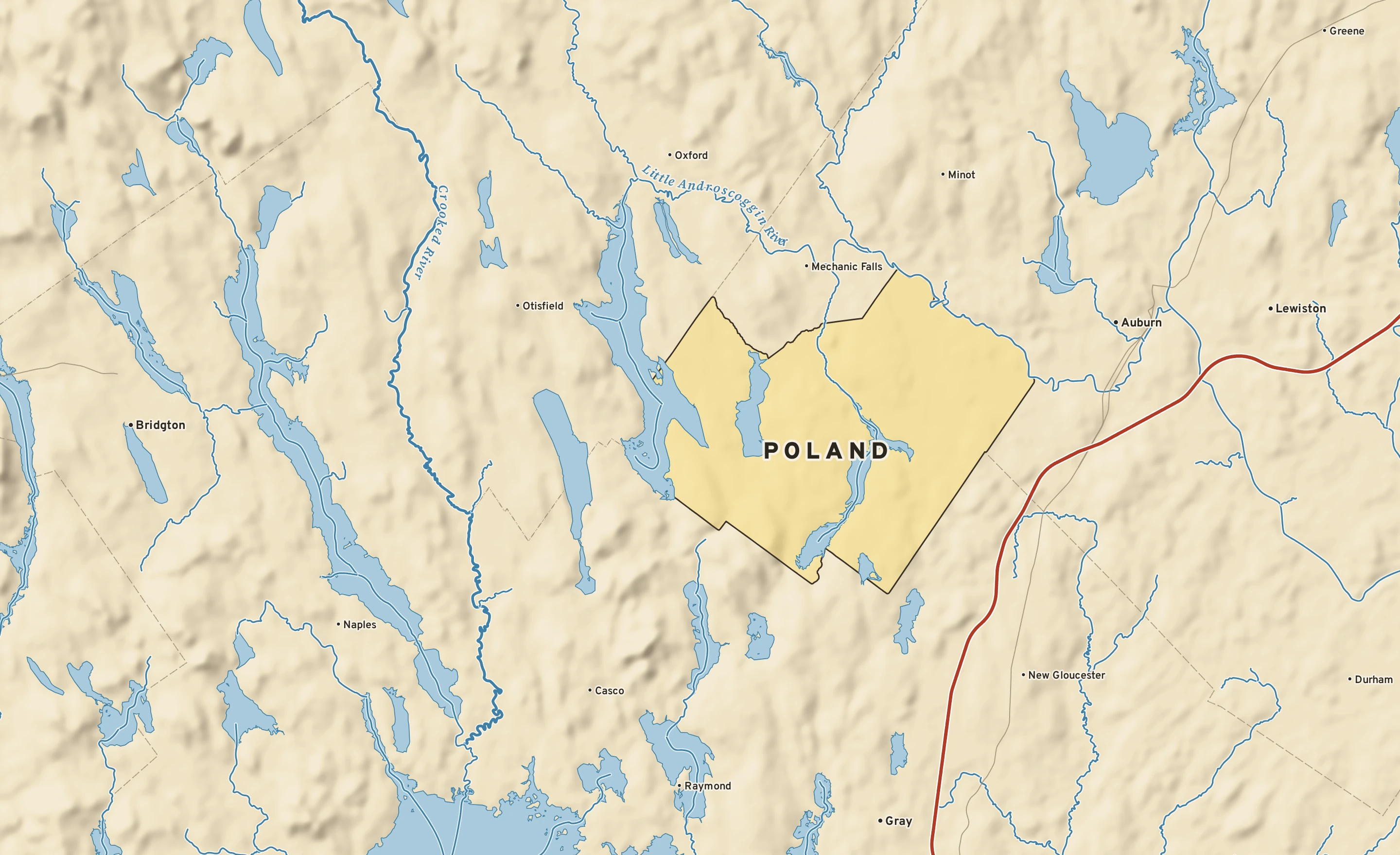 Shaded-relief atlas plate of Poland, Maine: rivers, roads, the city limits and where the water drains.