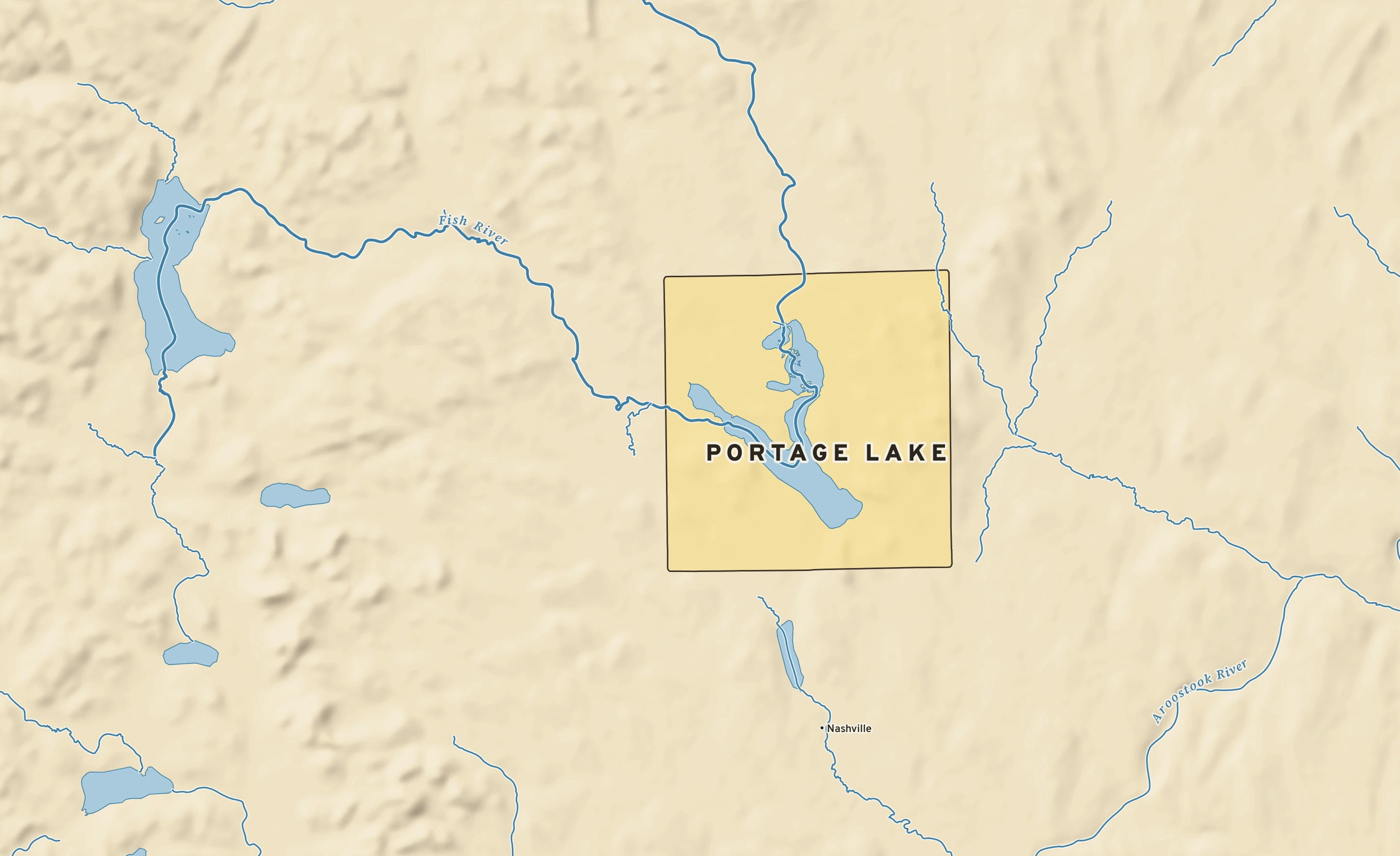 Shaded-relief atlas plate of Portage Lake, Maine: rivers, roads, the city limits and where the water drains.