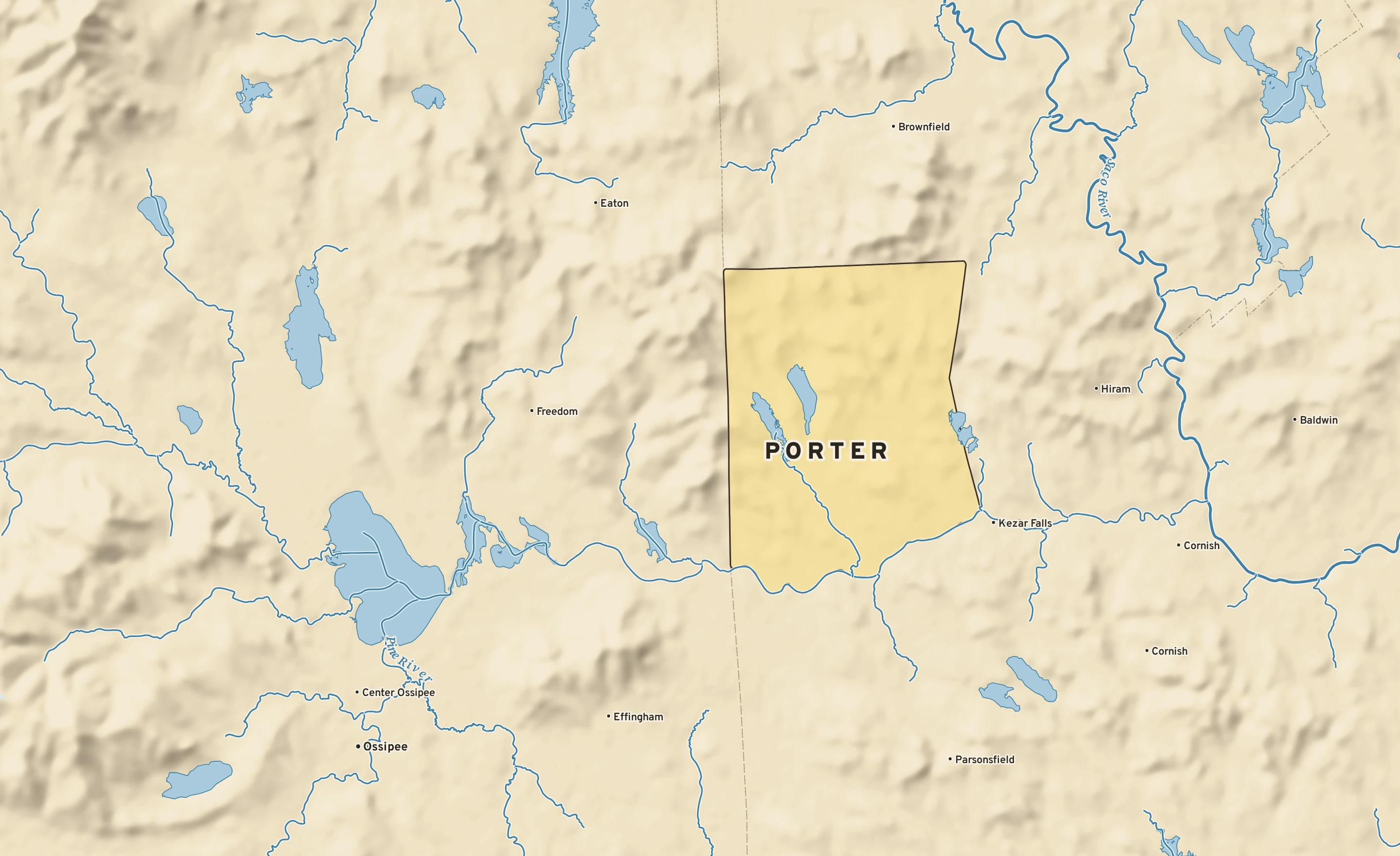 Shaded-relief atlas plate of Porter, Maine: rivers, roads, the city limits and where the water drains.