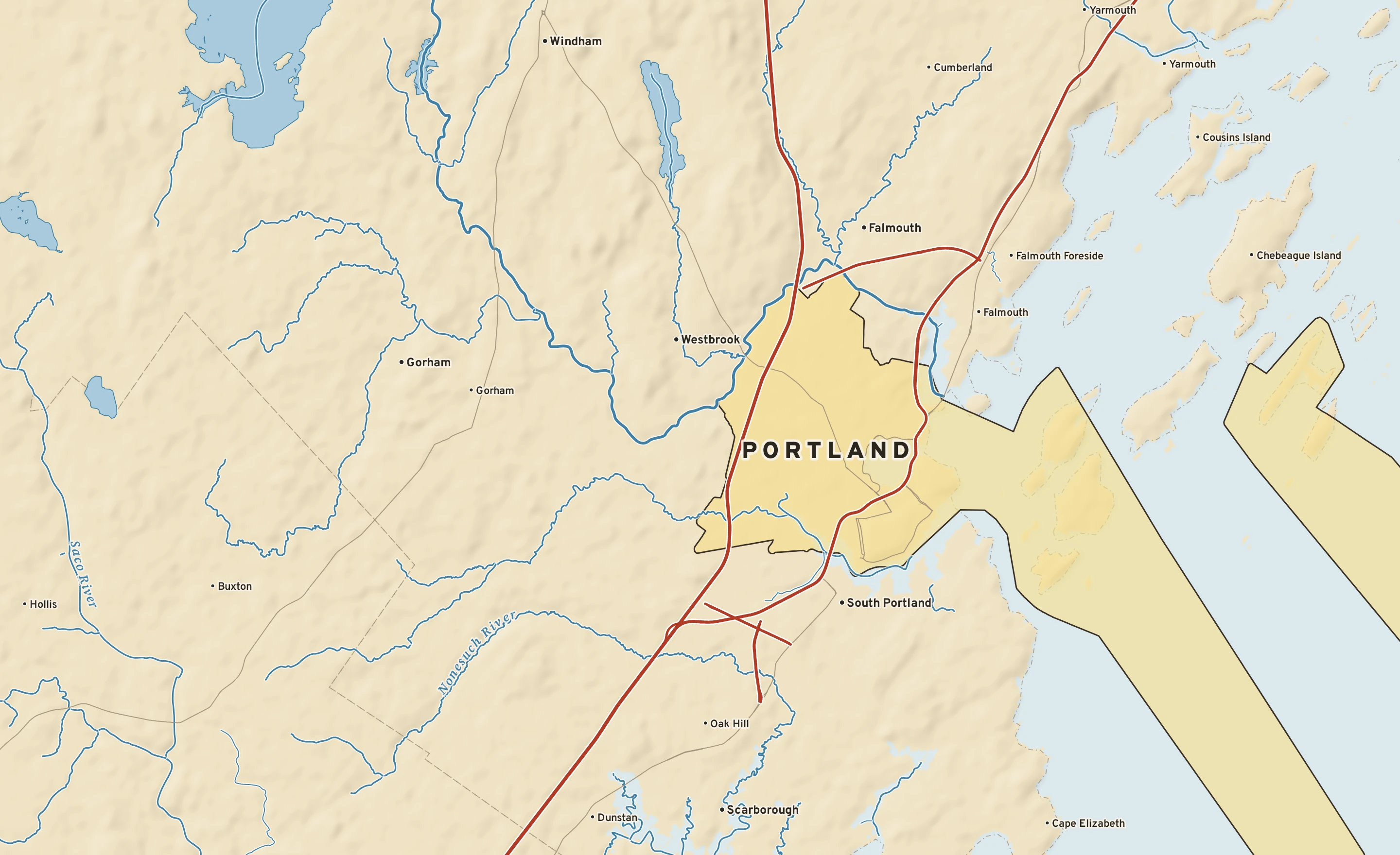 Shaded-relief atlas plate of Portland, Maine: rivers, roads, the city limits and where the water drains.