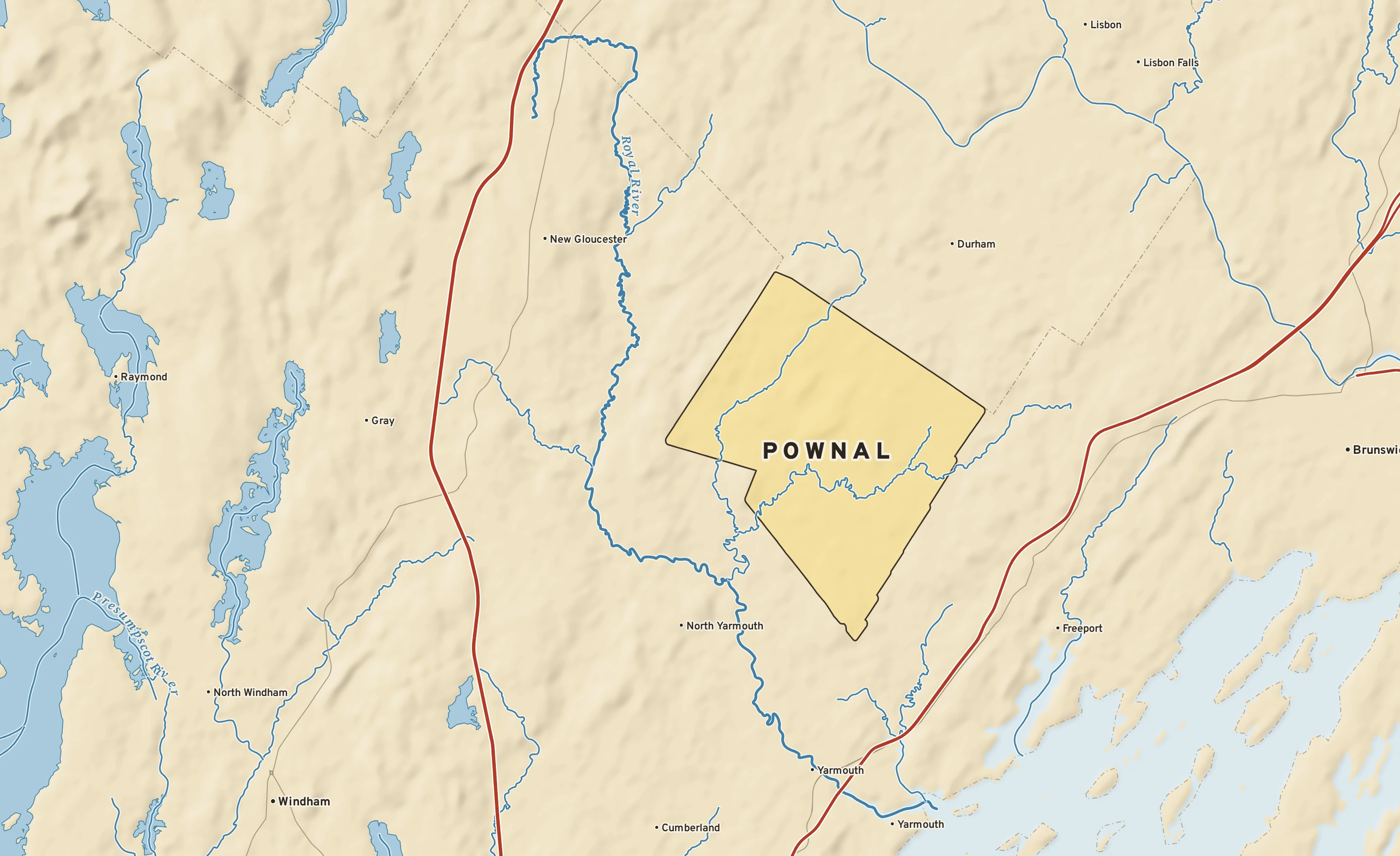 Shaded-relief atlas plate of Pownal, Maine: rivers, roads, the city limits and where the water drains.