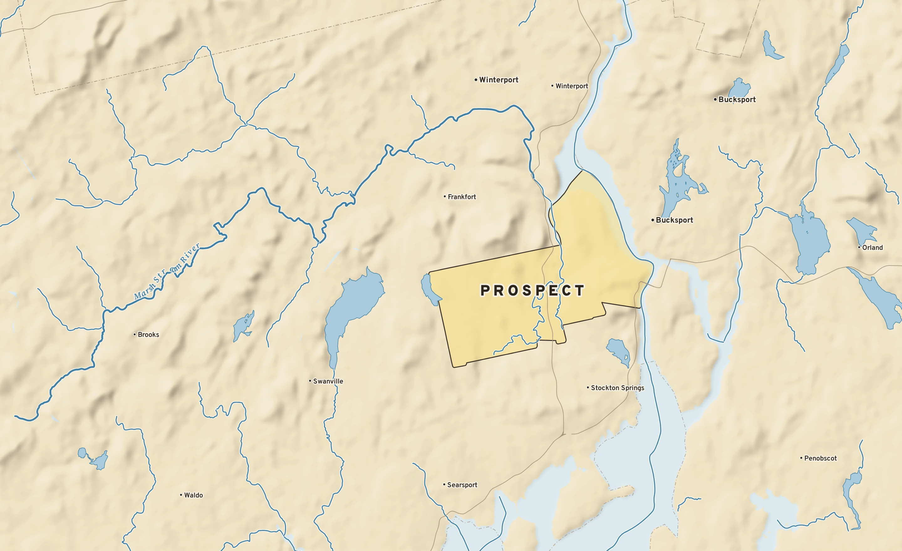 Shaded-relief atlas plate of Prospect, Maine: rivers, roads, the city limits and where the water drains.