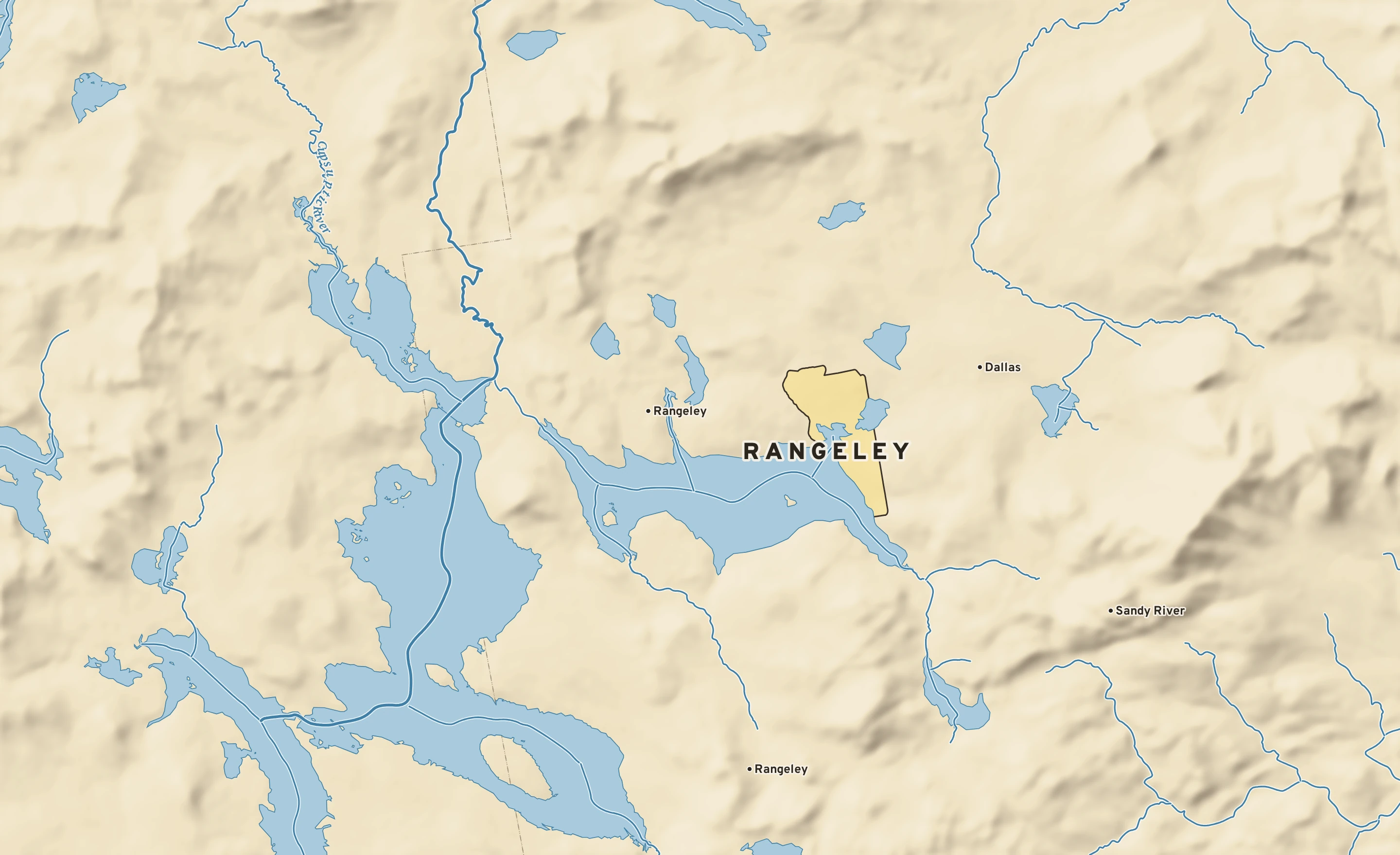 Shaded-relief atlas plate of Rangeley, Maine: rivers, roads, the city limits and where the water drains.