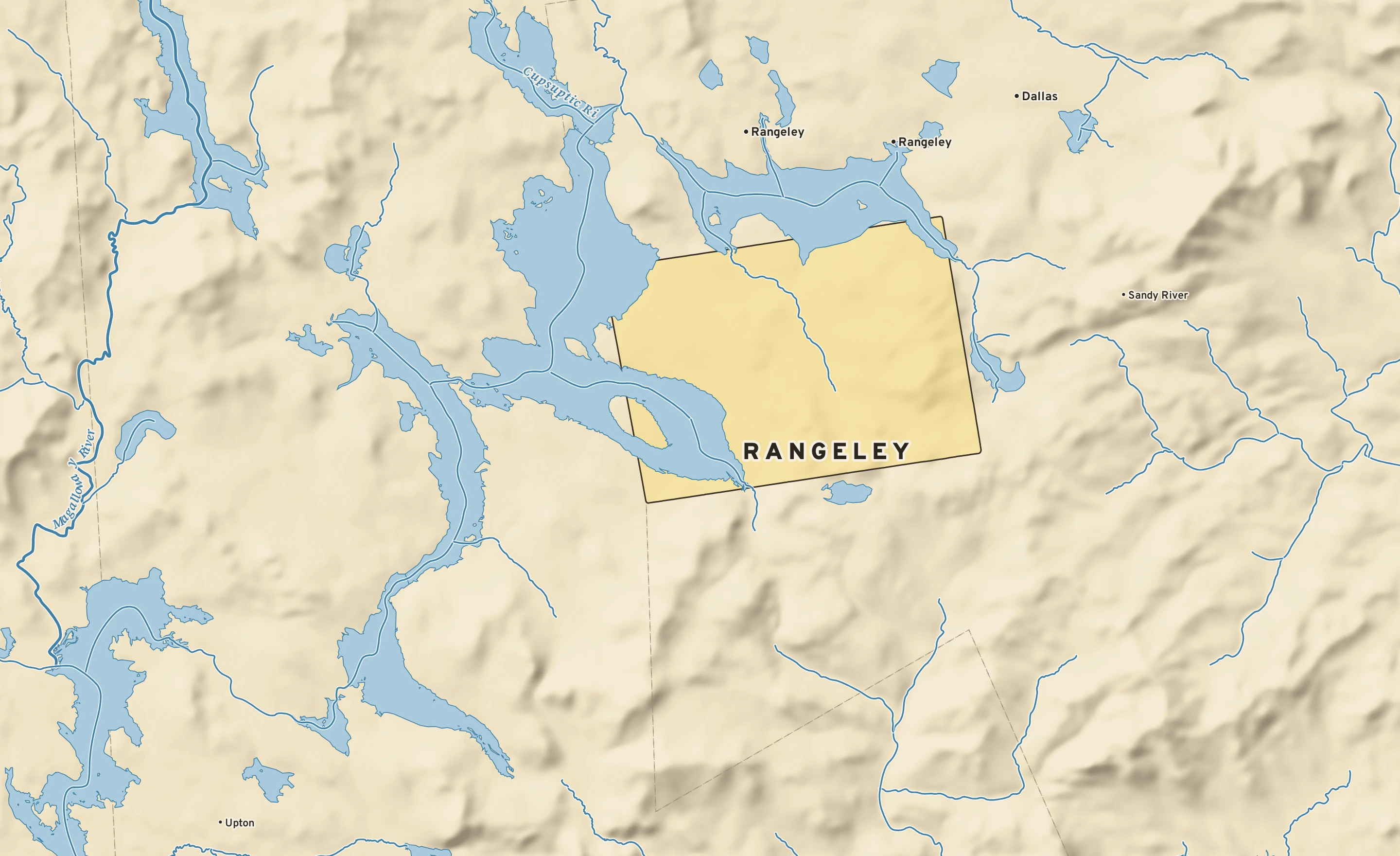 Shaded-relief atlas plate of Rangeley, Maine: rivers, roads, the city limits and where the water drains.