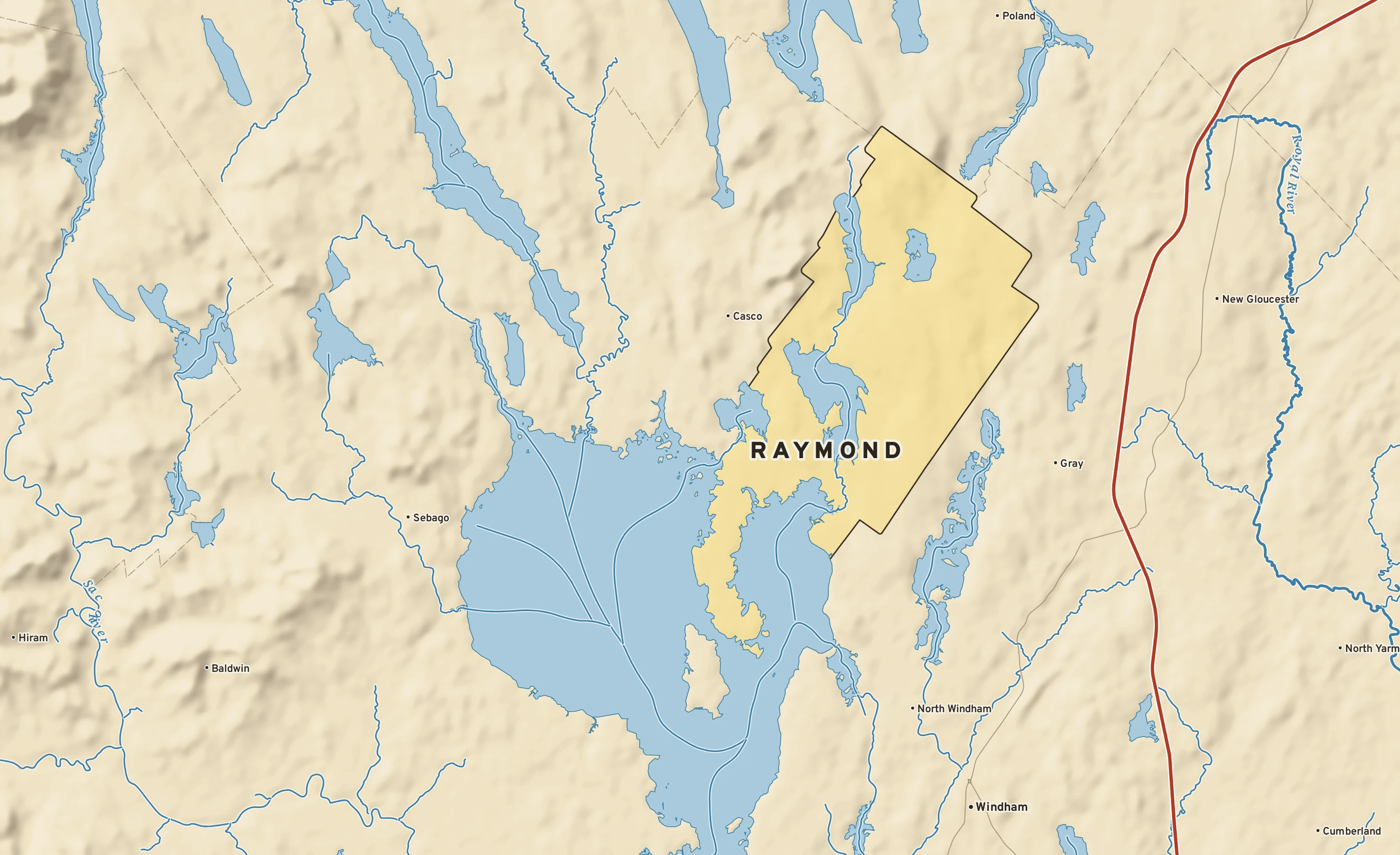 Shaded-relief atlas plate of Raymond, Maine: rivers, roads, the city limits and where the water drains.