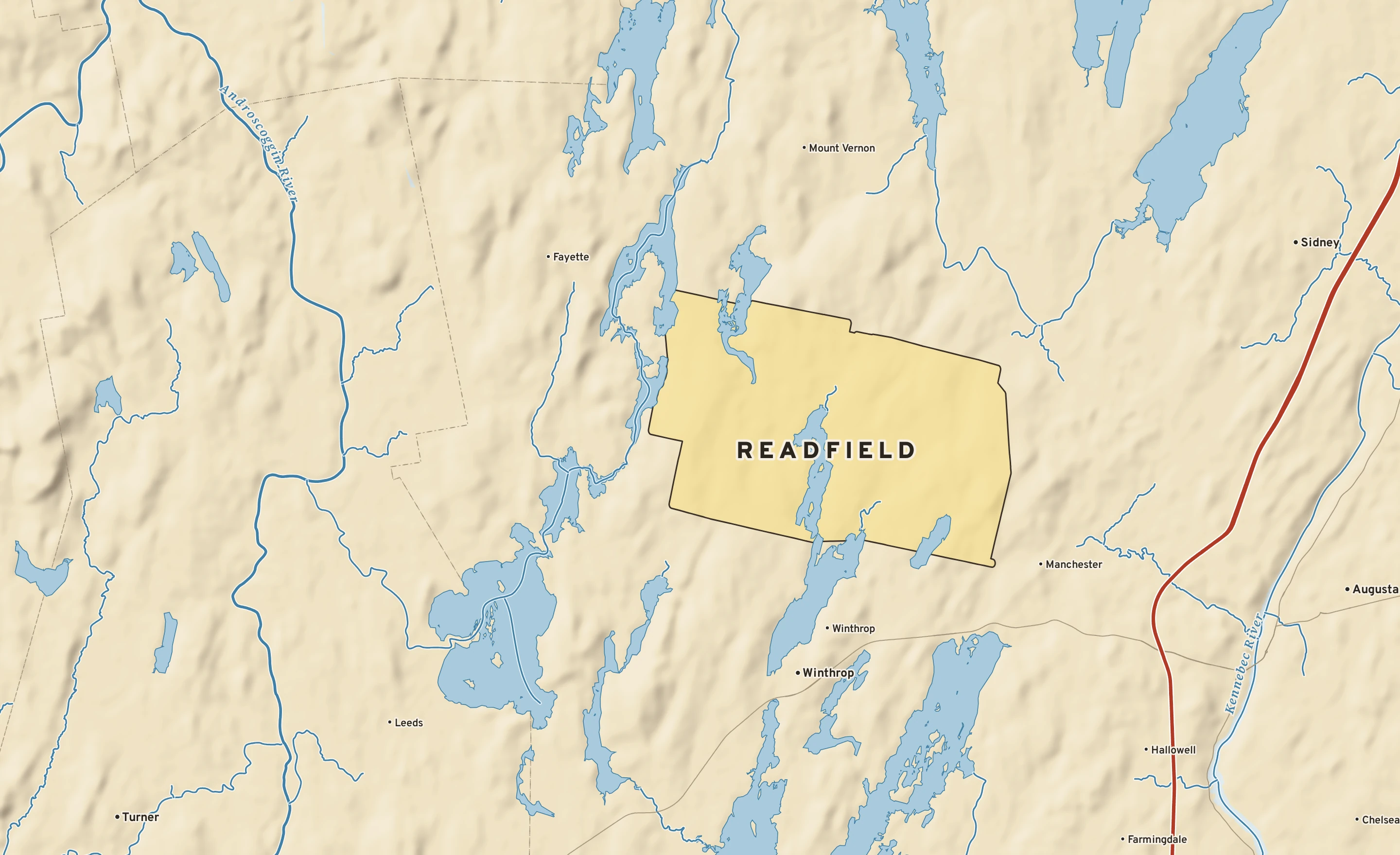 Shaded-relief atlas plate of Readfield, Maine: rivers, roads, the city limits and where the water drains.