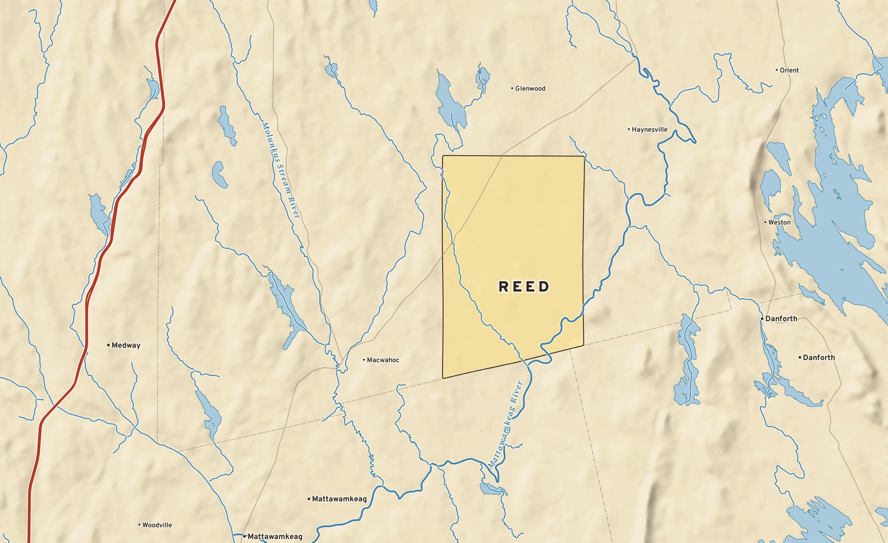 Shaded-relief atlas plate of Reed, Maine: rivers, roads, the city limits and where the water drains.