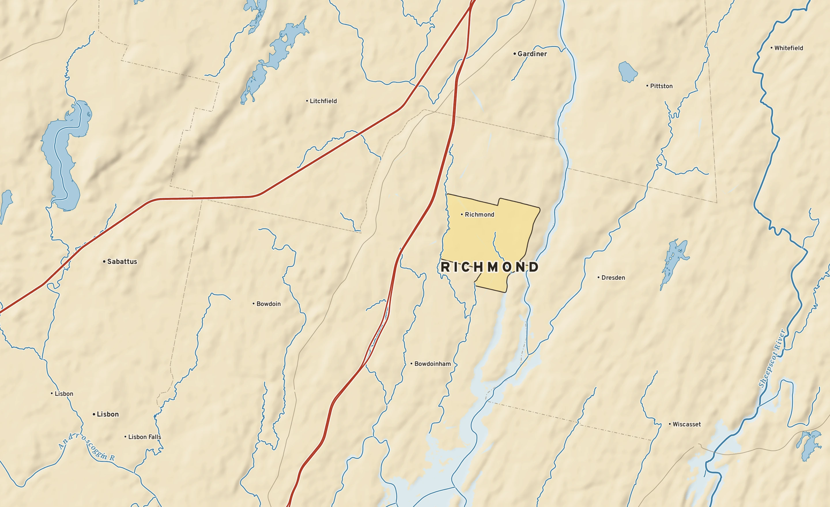Shaded-relief atlas plate of Richmond, Maine: rivers, roads, the city limits and where the water drains.