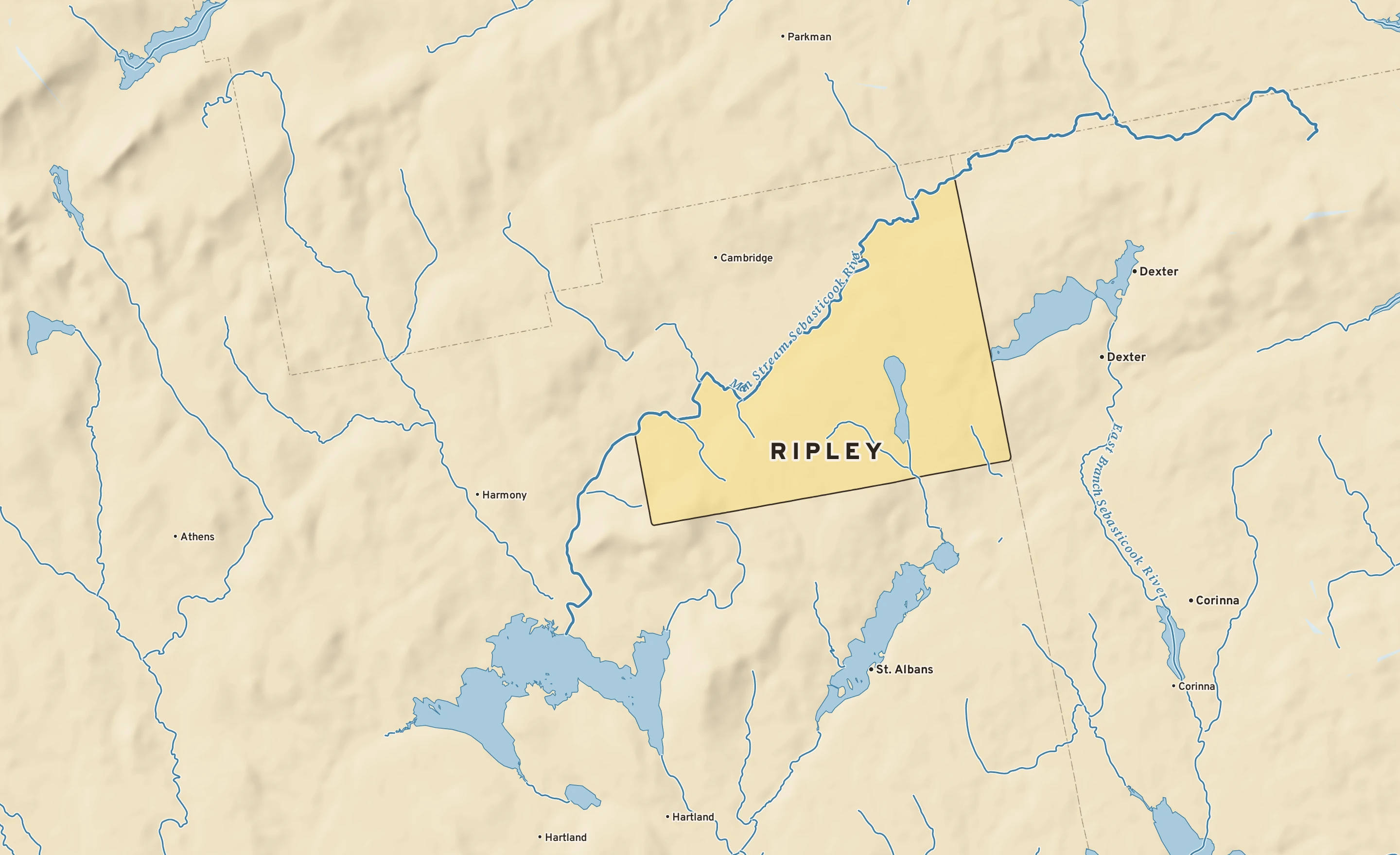 Shaded-relief atlas plate of Ripley, Maine: rivers, roads, the city limits and where the water drains.