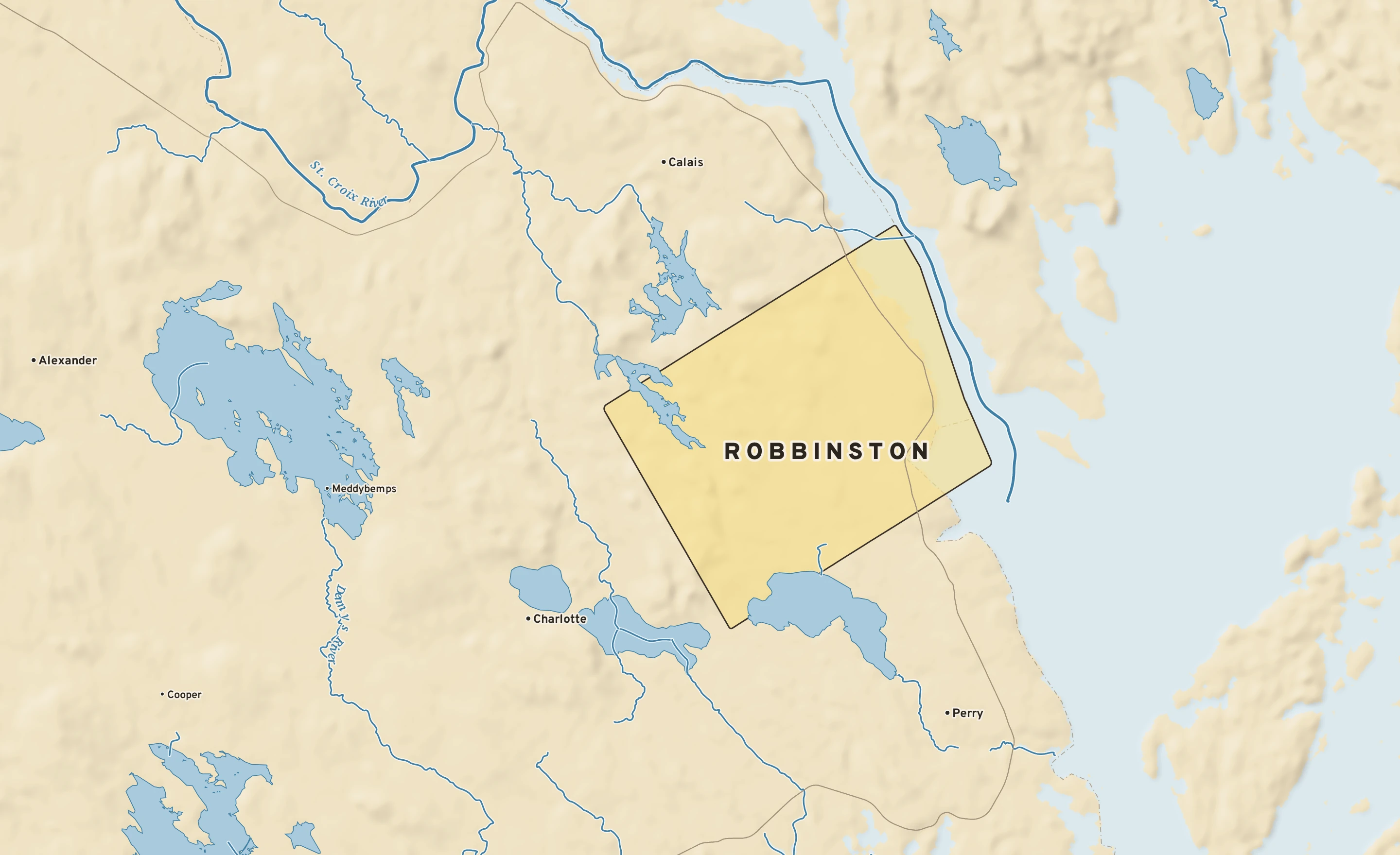Shaded-relief atlas plate of Robbinston, Maine: rivers, roads, the city limits and where the water drains.