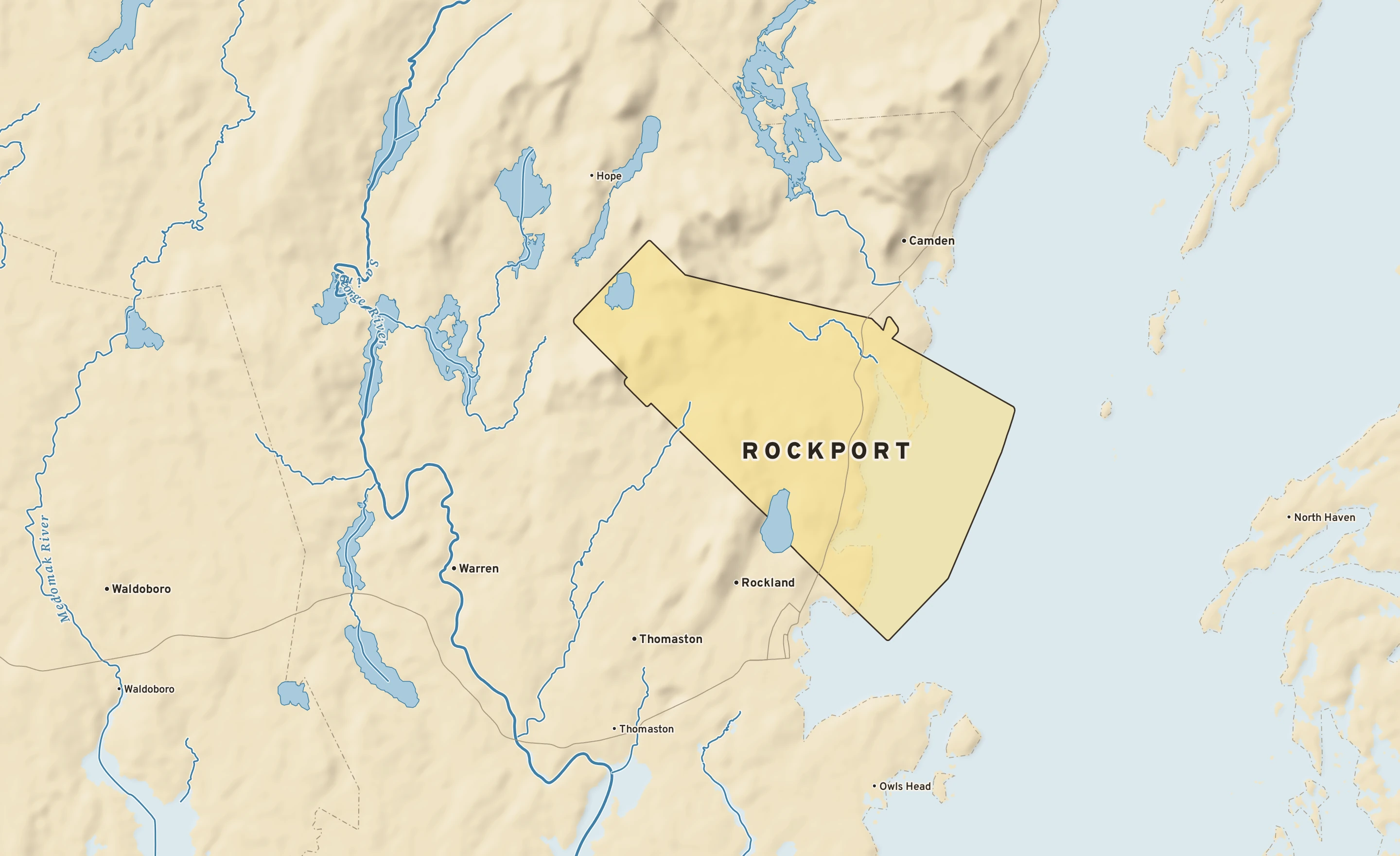 Shaded-relief atlas plate of Rockport, Maine: rivers, roads, the city limits and where the water drains.