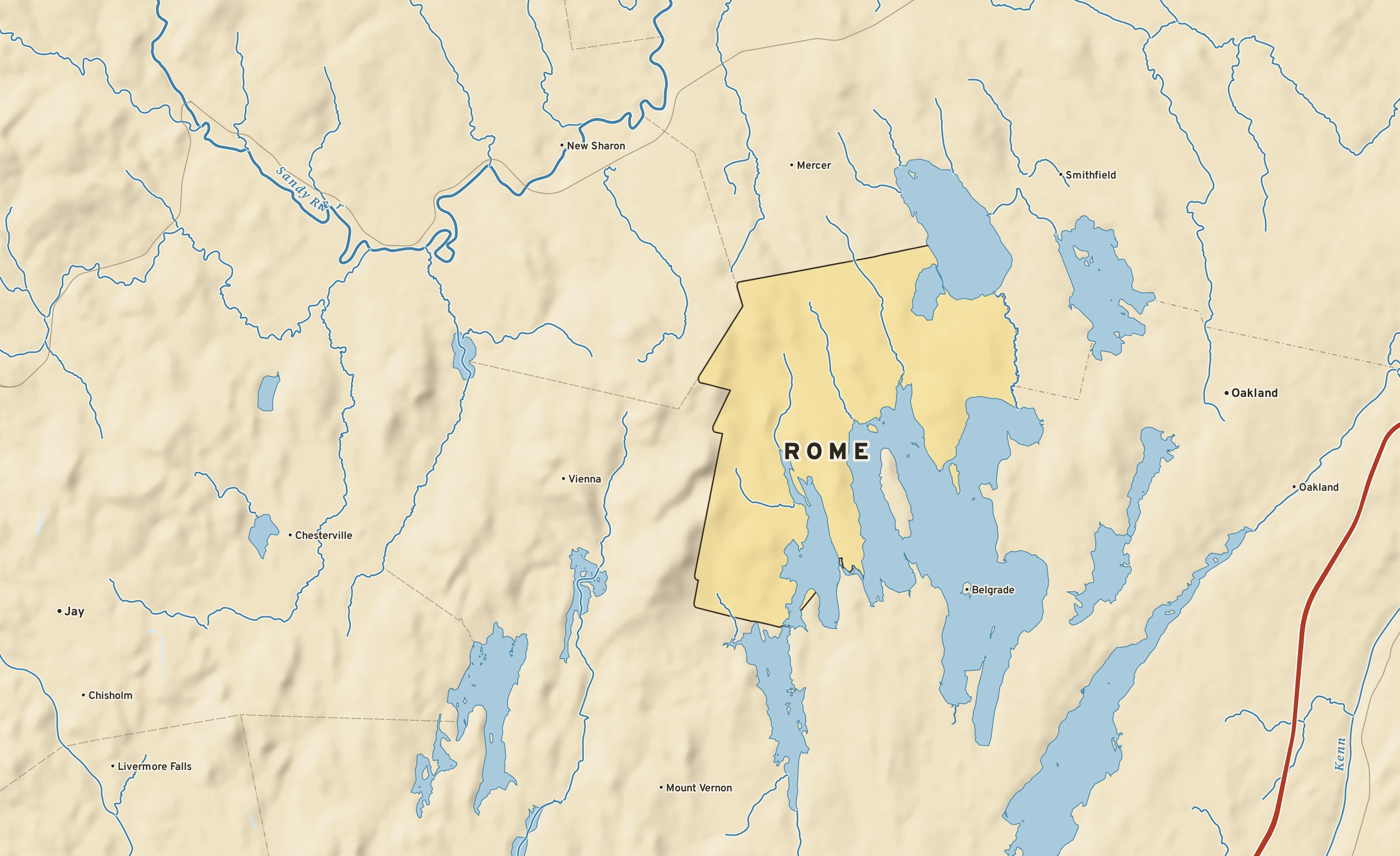 Shaded-relief atlas plate of Rome, Maine: rivers, roads, the city limits and where the water drains.