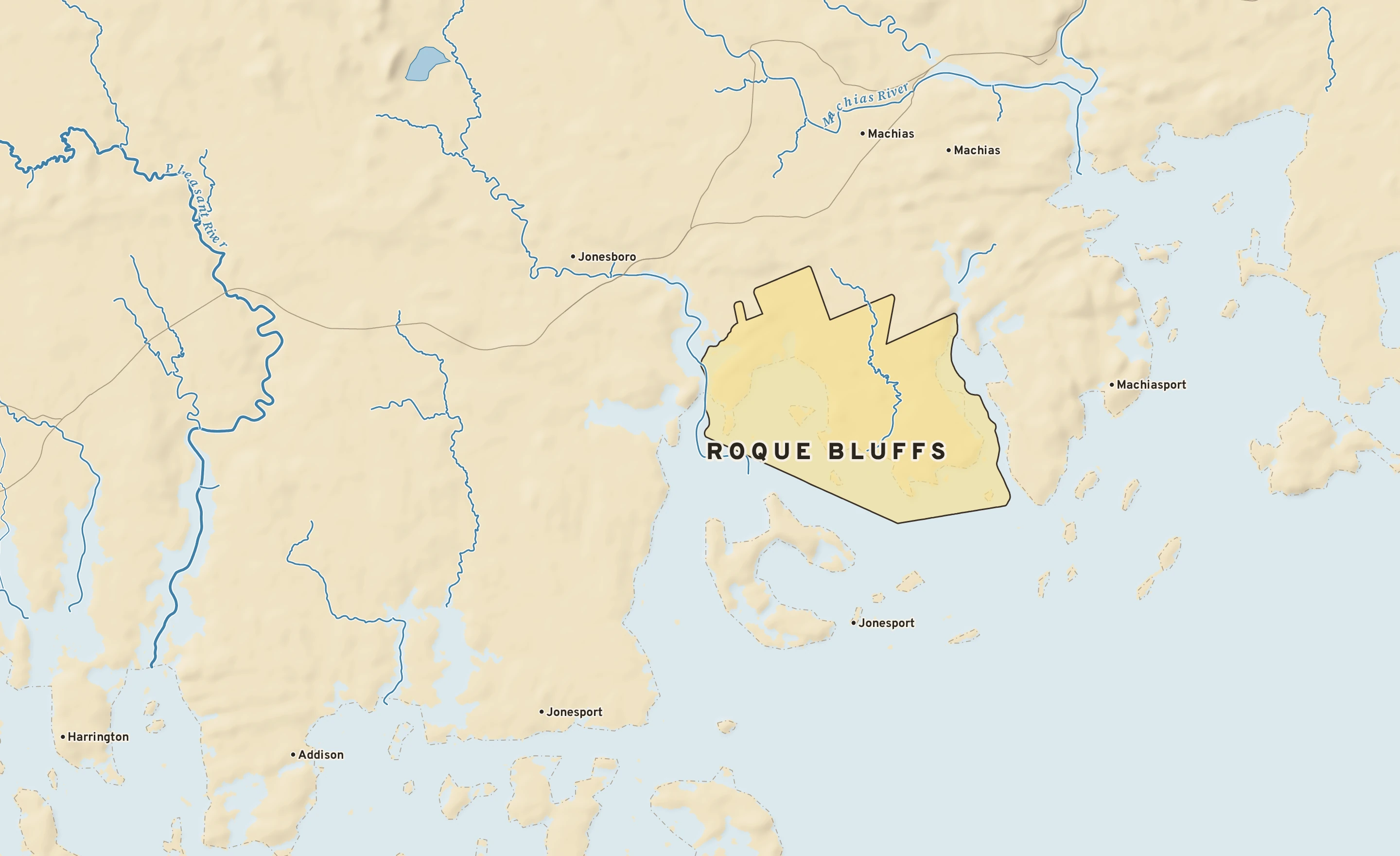 Shaded-relief atlas plate of Roque Bluffs, Maine: rivers, roads, the city limits and where the water drains.