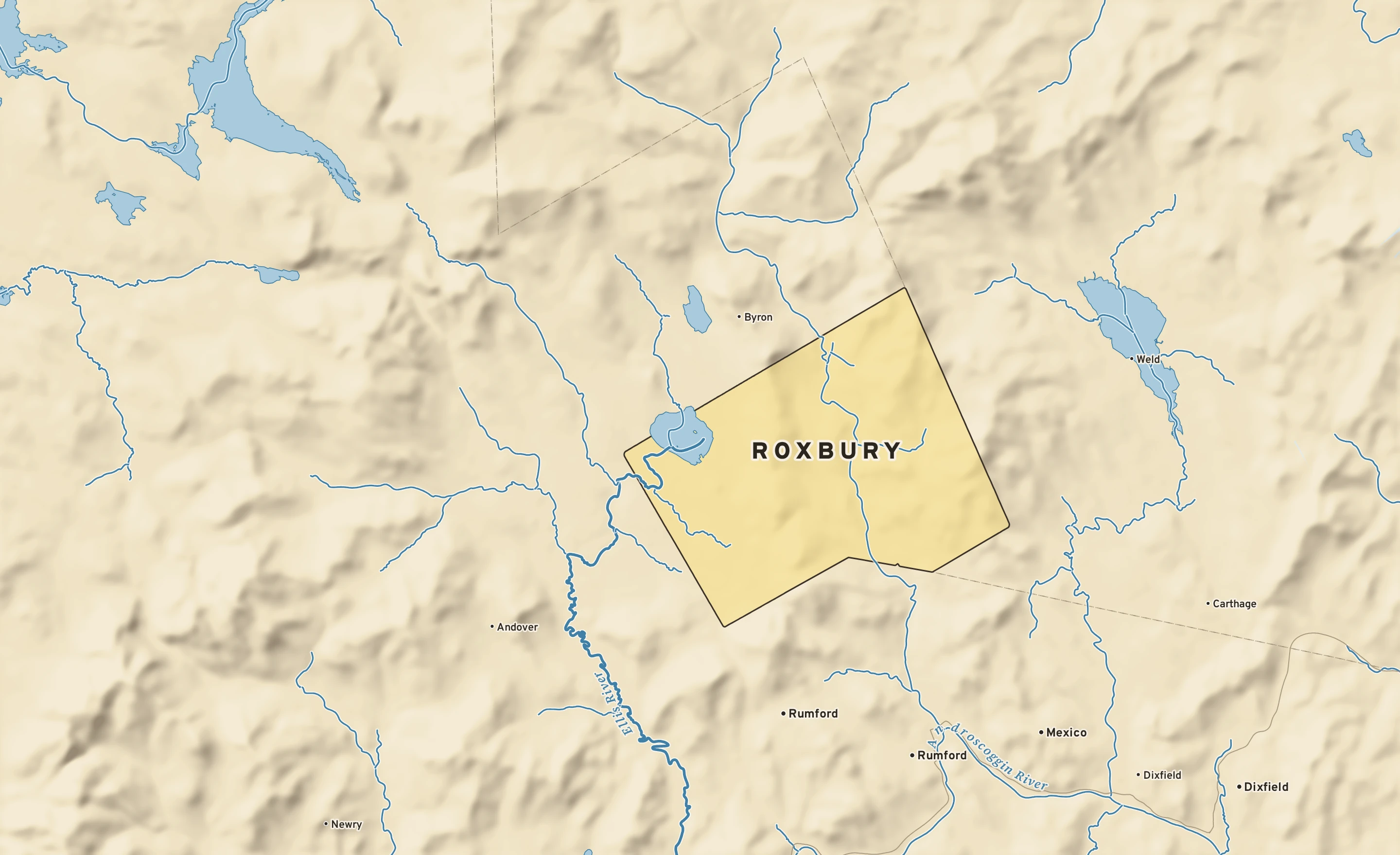 Shaded-relief atlas plate of Roxbury, Maine: rivers, roads, the city limits and where the water drains.